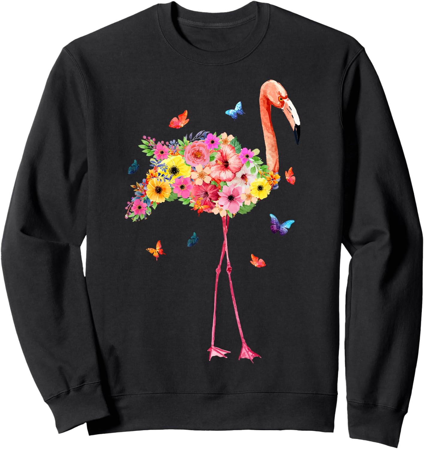 Pink Flamingo Watercolor Tropical Hawaiian Flowers Floral Sweatshirt - Sweatshirt | Black