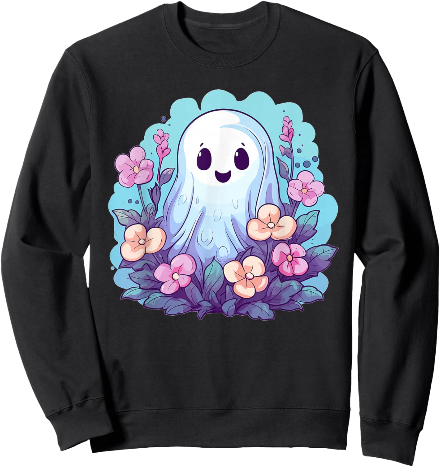 Cute Ghost With Flowers I Kids Ghost Sweatshirt - Sweatshirt | Black