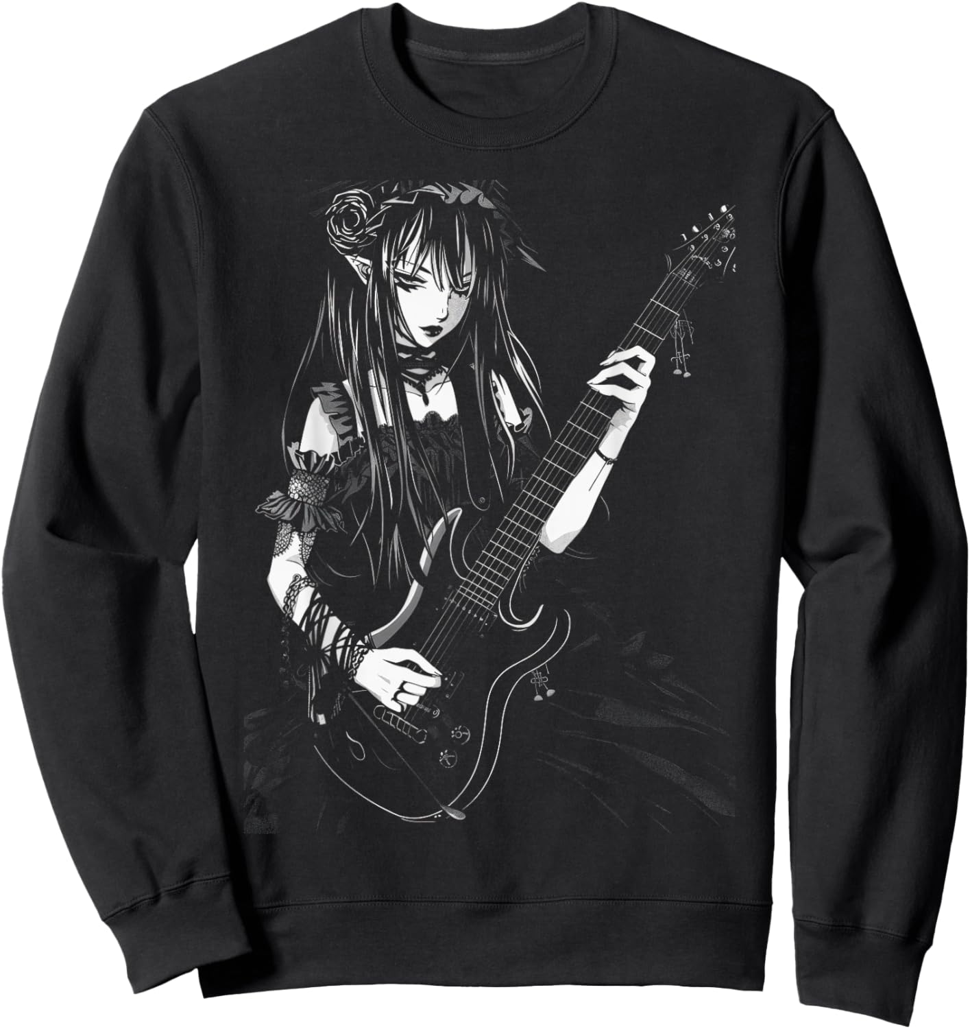 Anime Goth Girl Playing Manga Guitar Gothic Rock Sweatshirt - Sweatshirt | Black