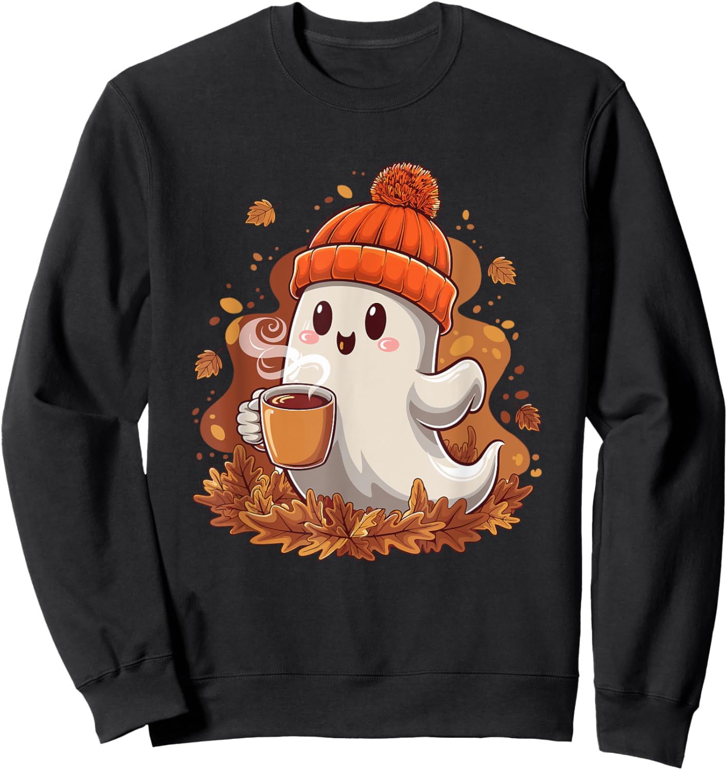Cute Halloween Ghost Drinking Coffee Ghost Women Sweatshirt - Sweatshirt | Black