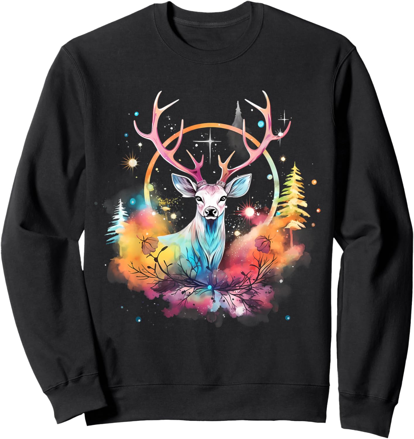 Deer Colourful Floral Motif Forest Nature Animal Lovers Sweatshirt - Sweatshirt | Black