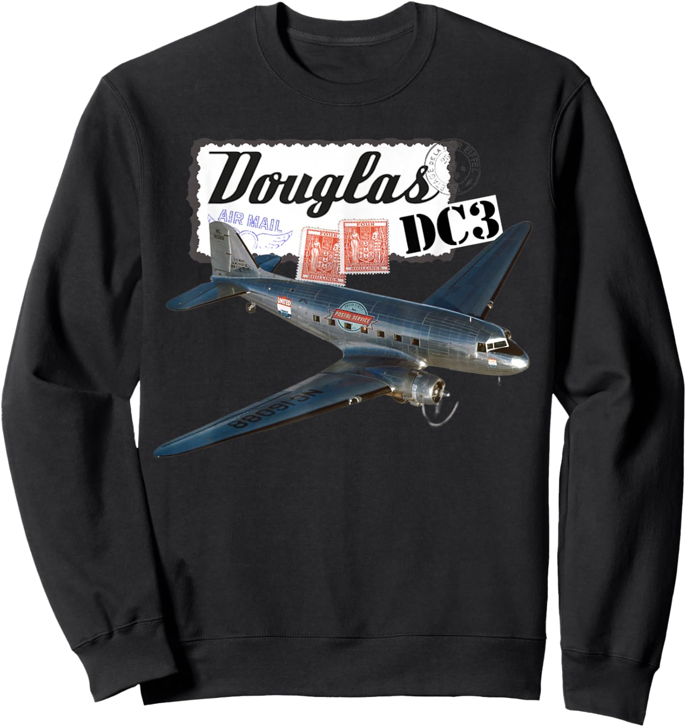 Retro Vintage 1930's Douglas DC3 Airplane Aircraft Novelty Sweatshirt - Sweatshirt | Black