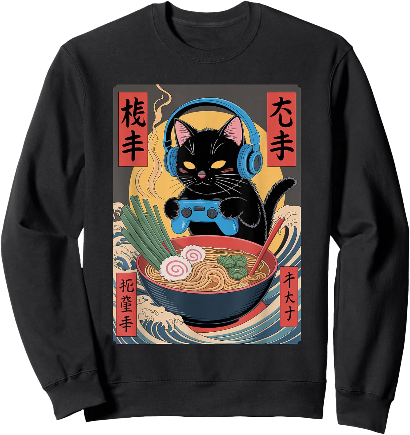 Cute Kawaii Gamer Cat Funny Ramen Retro Japanese Cat Gaming Sweatshirt - Sweatshirt | Black
