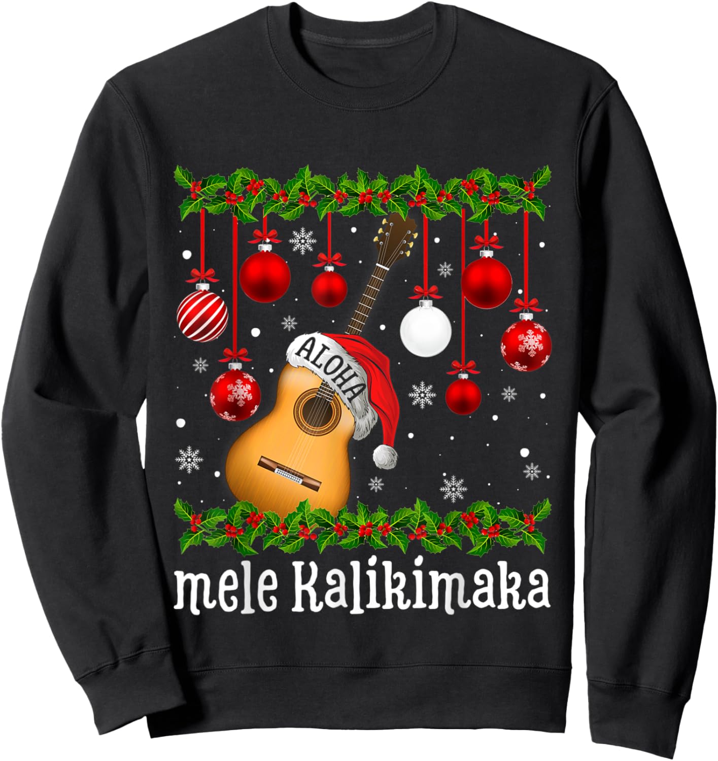 Funny Mele Kaliki Maka Christmas Tree Santa Guitar Hawaiian Sweatshirt - Sweatshirt | Black