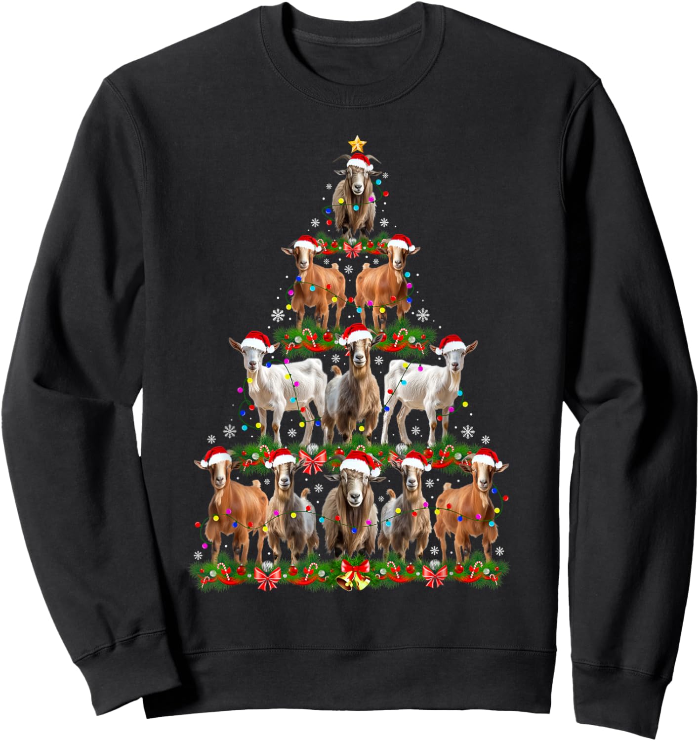 Goat Christmas Tree Lights Funny Xmas Family Men Women Sweatshirt - Sweatshirt | Black