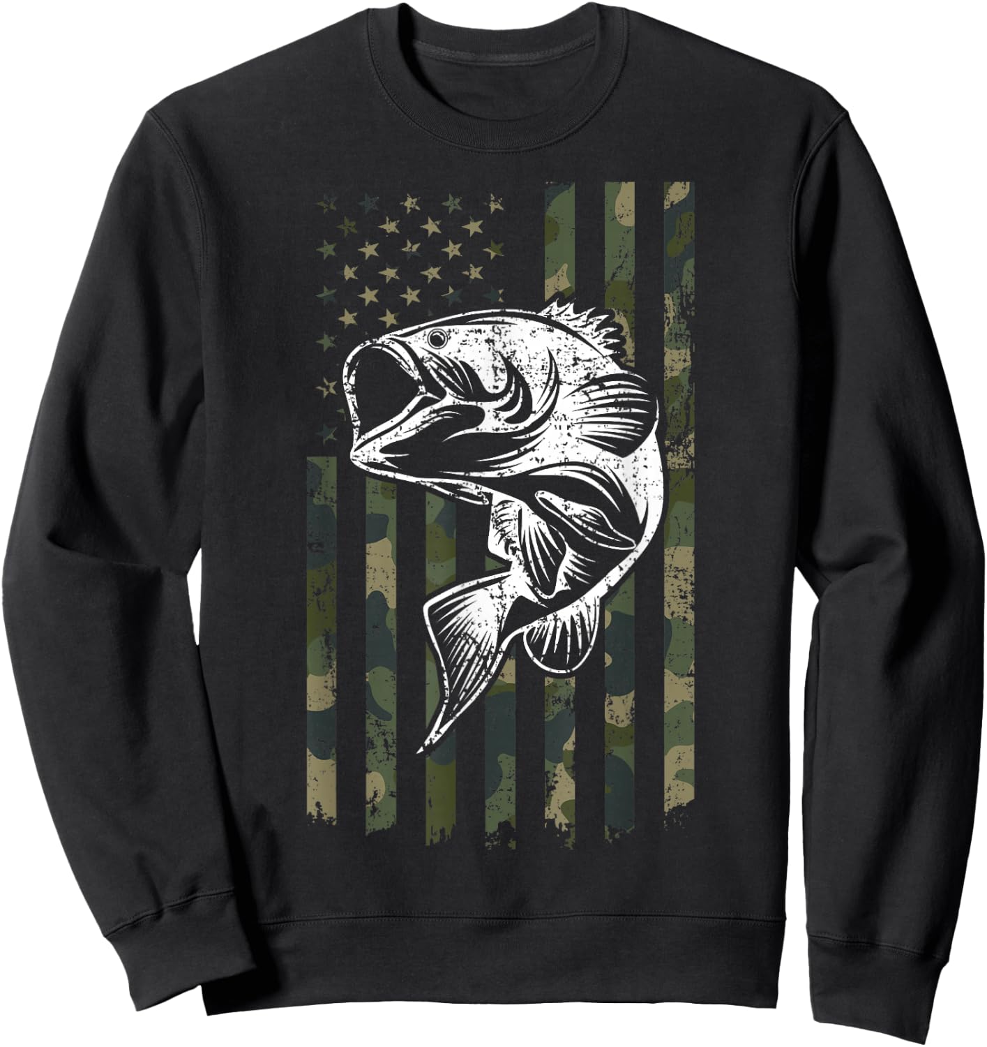 Large mouth Bass Fishing Camo American Flag USA Fisherman Sweatshirt - Sweatshirt | Black
