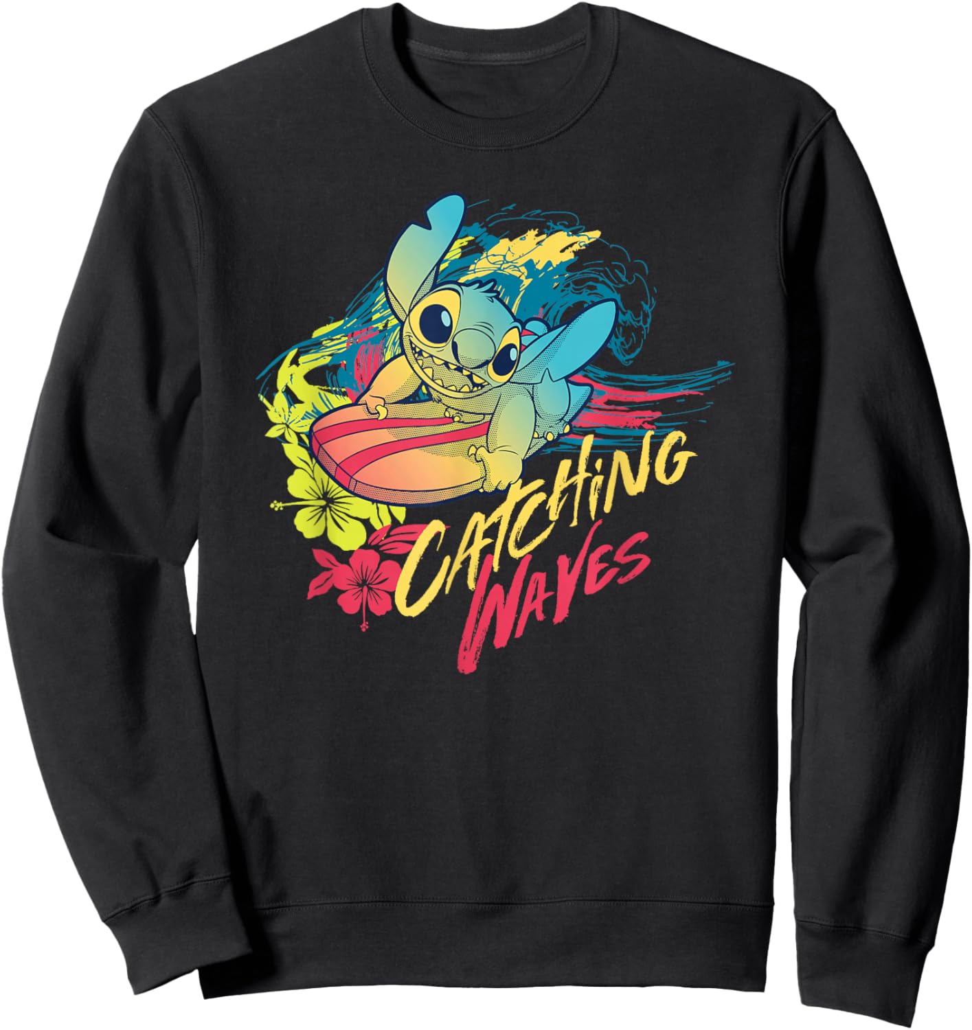Disney Lilo & Stitch Beach Vibes Surfing Catching Waves Sweatshirt - Sweatshirt | Black