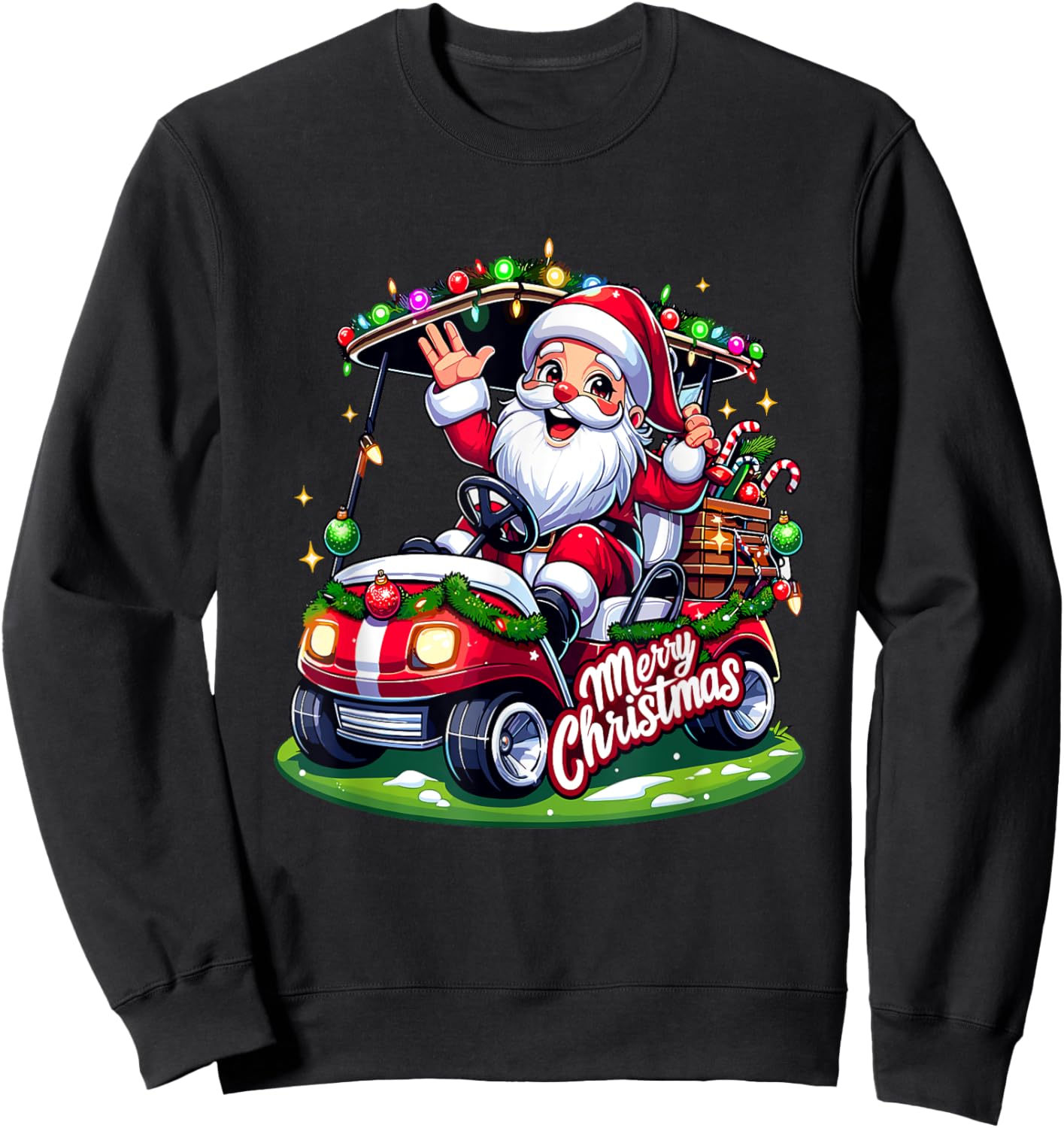Santa Claus Golf Cart Merry Christmas Festive Xmas Holiday Sweatshirt - Sweatshirt | Black