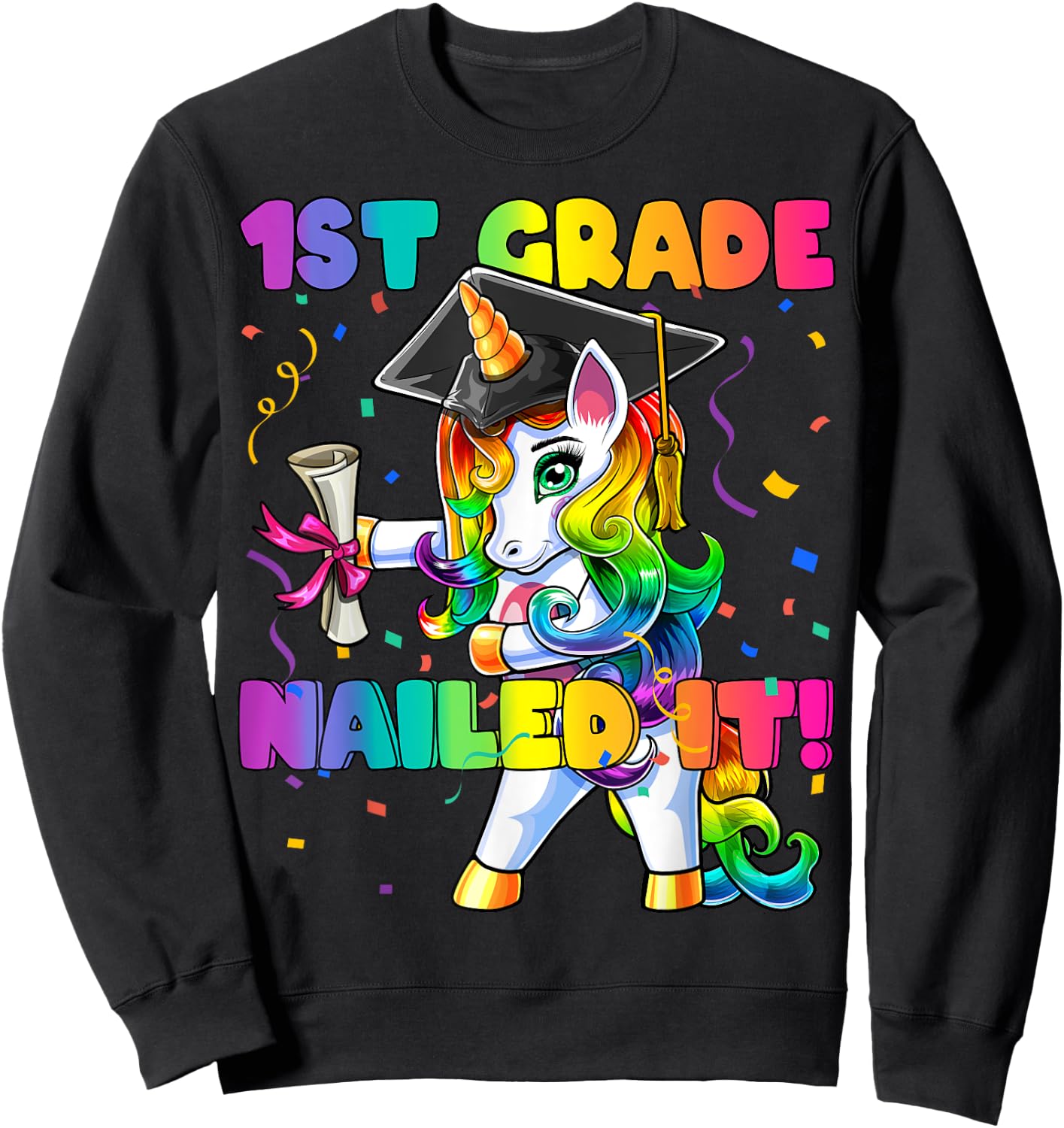 Flossing Unicorn 1st Grade Graduation Cap Diploma Gift Girls Sweatshirt - Sweatshirt | Black