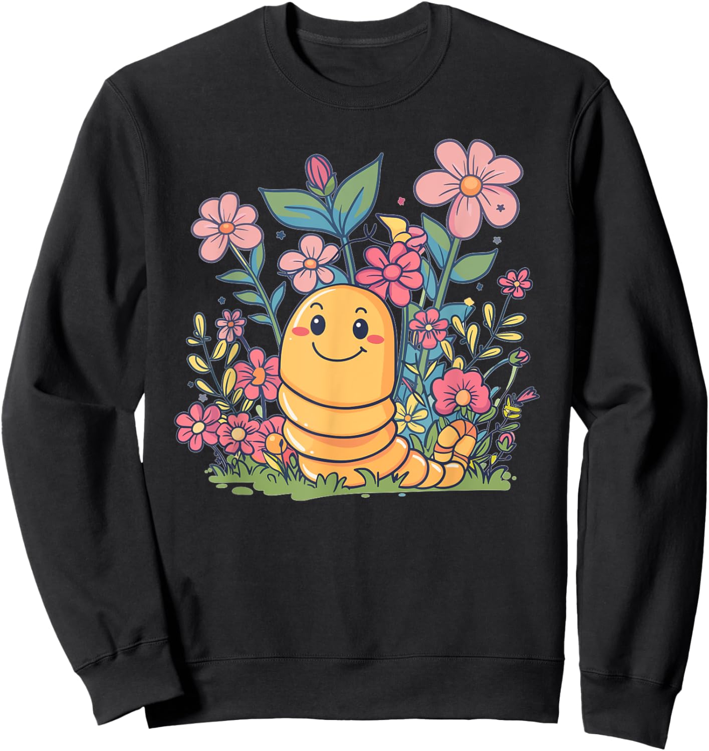 Cute Worm With Flowers I Kids Worm Sweatshirt - Sweatshirt | Black