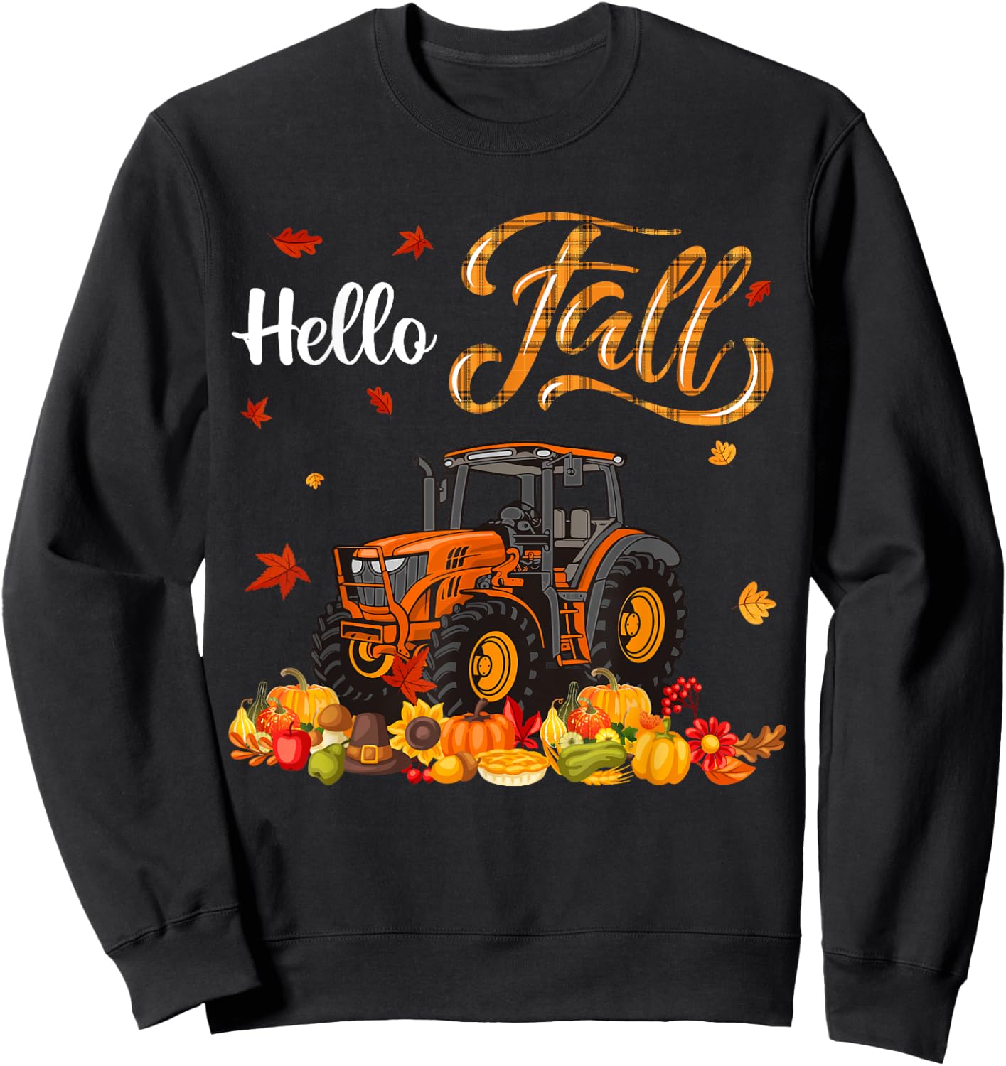 Thanksgiving Fall Orange Plaid Autumn Pumpkins Tractor Lover Sweatshirt - Sweatshirt | Black