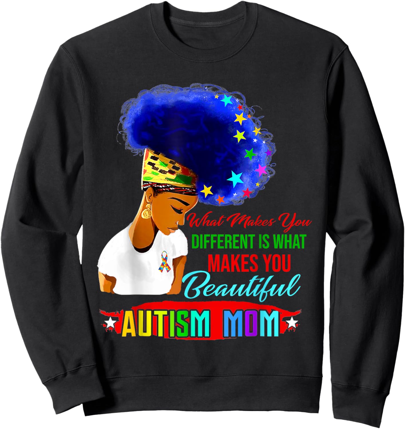 Black Afro American Autism Awareness Mom Rainbow Sweatshirt - Sweatshirt | Black