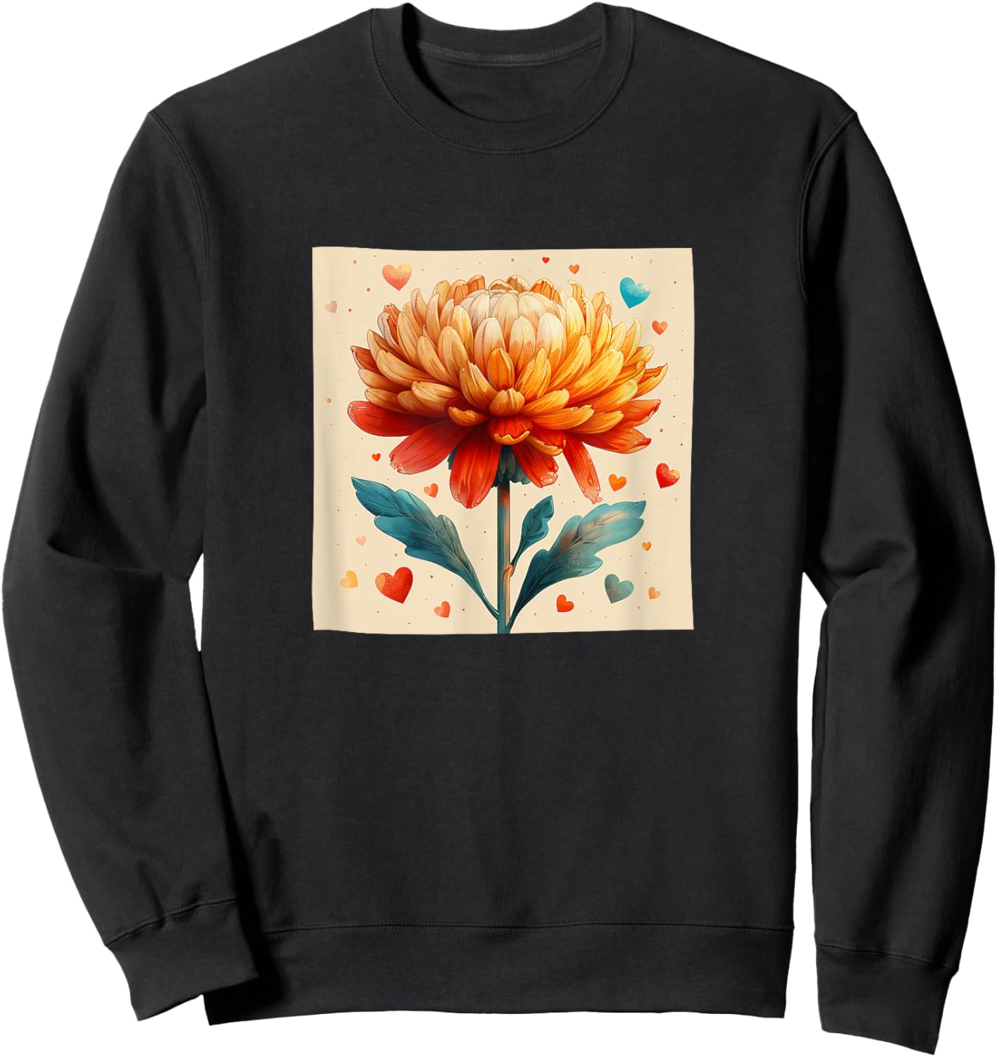 Chrysanthemum Flowers With Hearts Around Boho Graphic Sweatshirt - Sweatshirt | Black