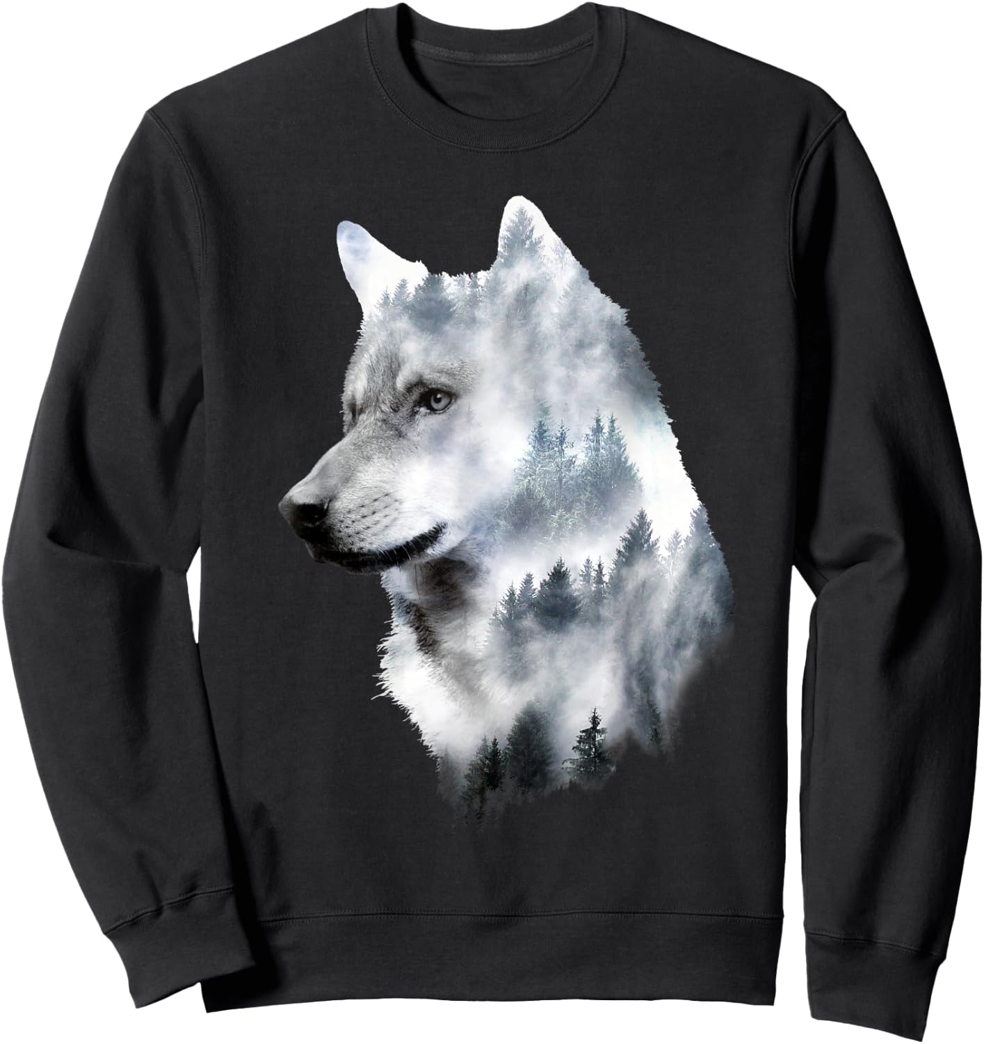 Dramabite Double Exposure Wolf - Men's Black Small Classic Fit Short Sleeve Animal-Wolf Graphic Sweatshirt - Sweatshirt | Black