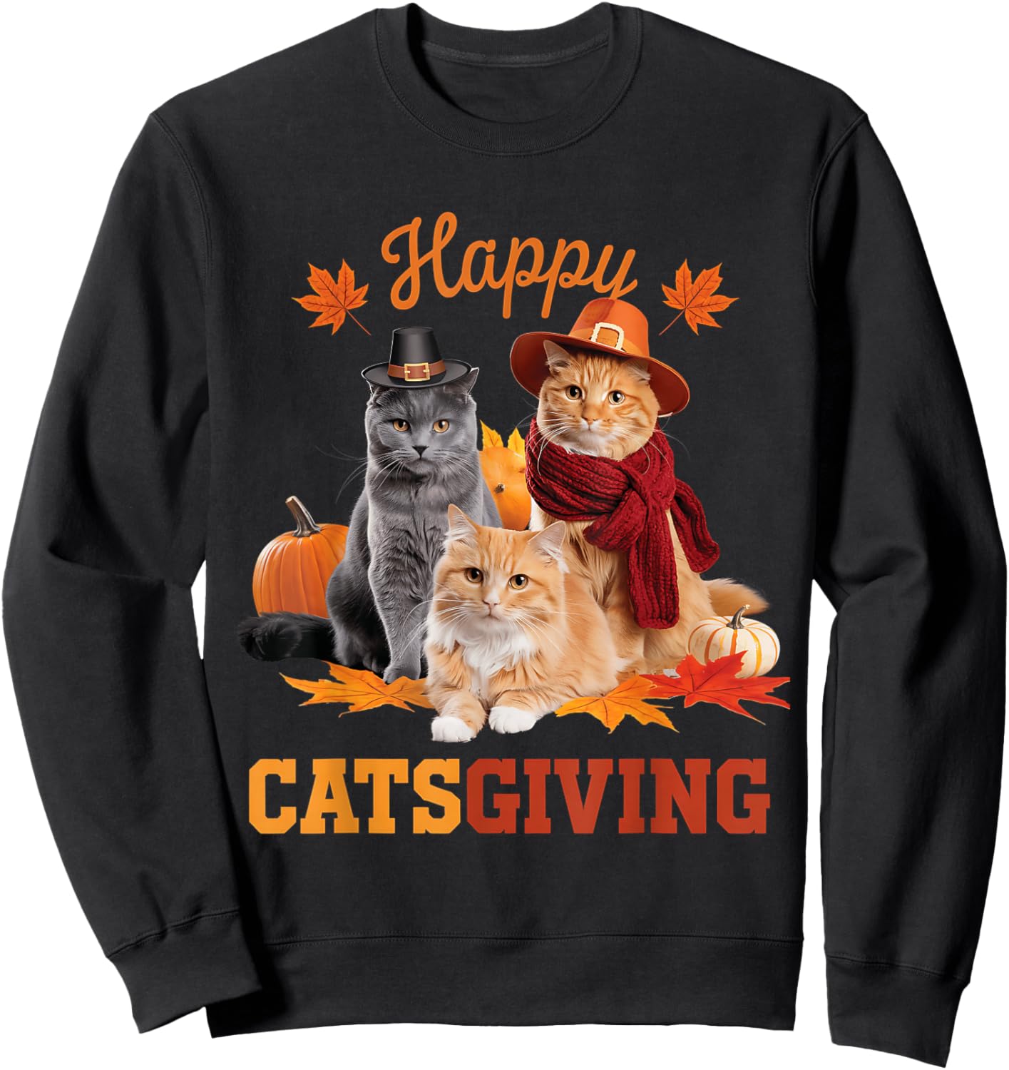 Happy Catsgiving Cute Thanksgiving Cat Wears Pilgrim Hat Women Girls Kids Sweatshirt - Sweatshirt | Black