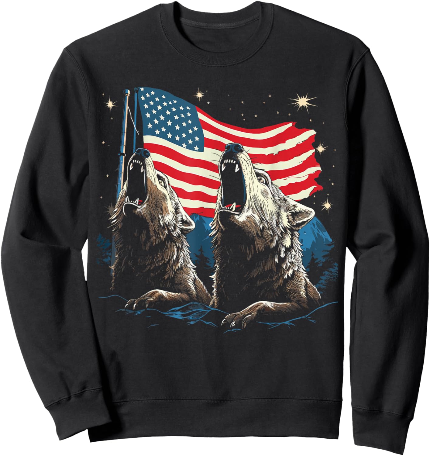 Wolves Moon Howling Wolf American Flag Wolves Sweatshirt - Sweatshirt | Black