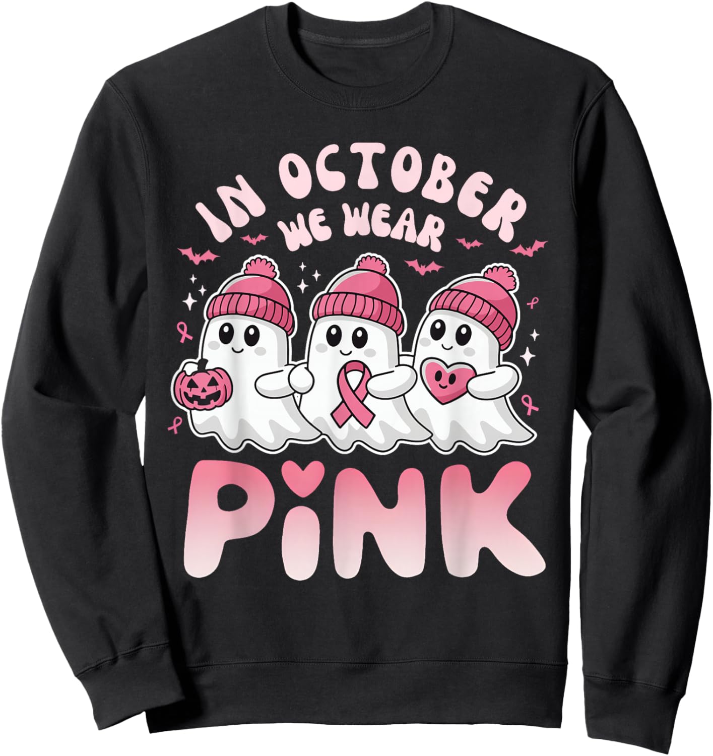 In October We Wear Pink Spooky Ghost Breast Cancer Awareness Sweatshirt - Sweatshirt | Black
