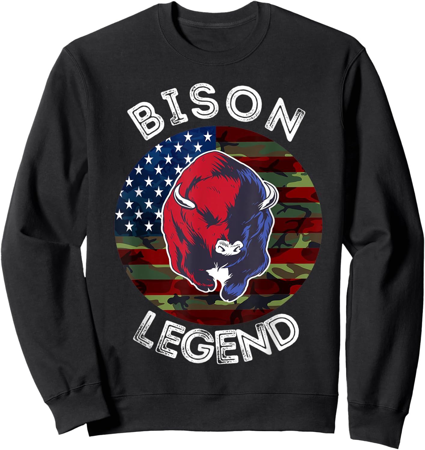 Bison Legend American Flag USA Camouflage Buffalo Cattle Sweatshirt - Sweatshirt | Black