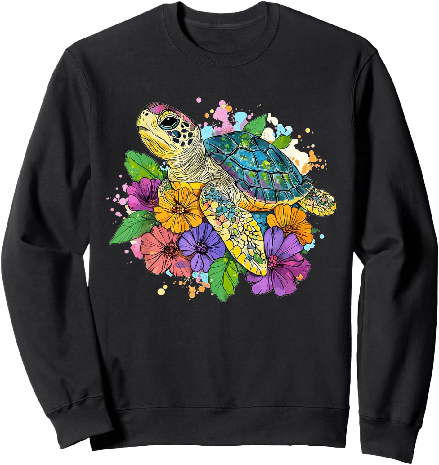 Vibrant Turtle with Flowers Splash Sweatshirt - Sweatshirt | Black