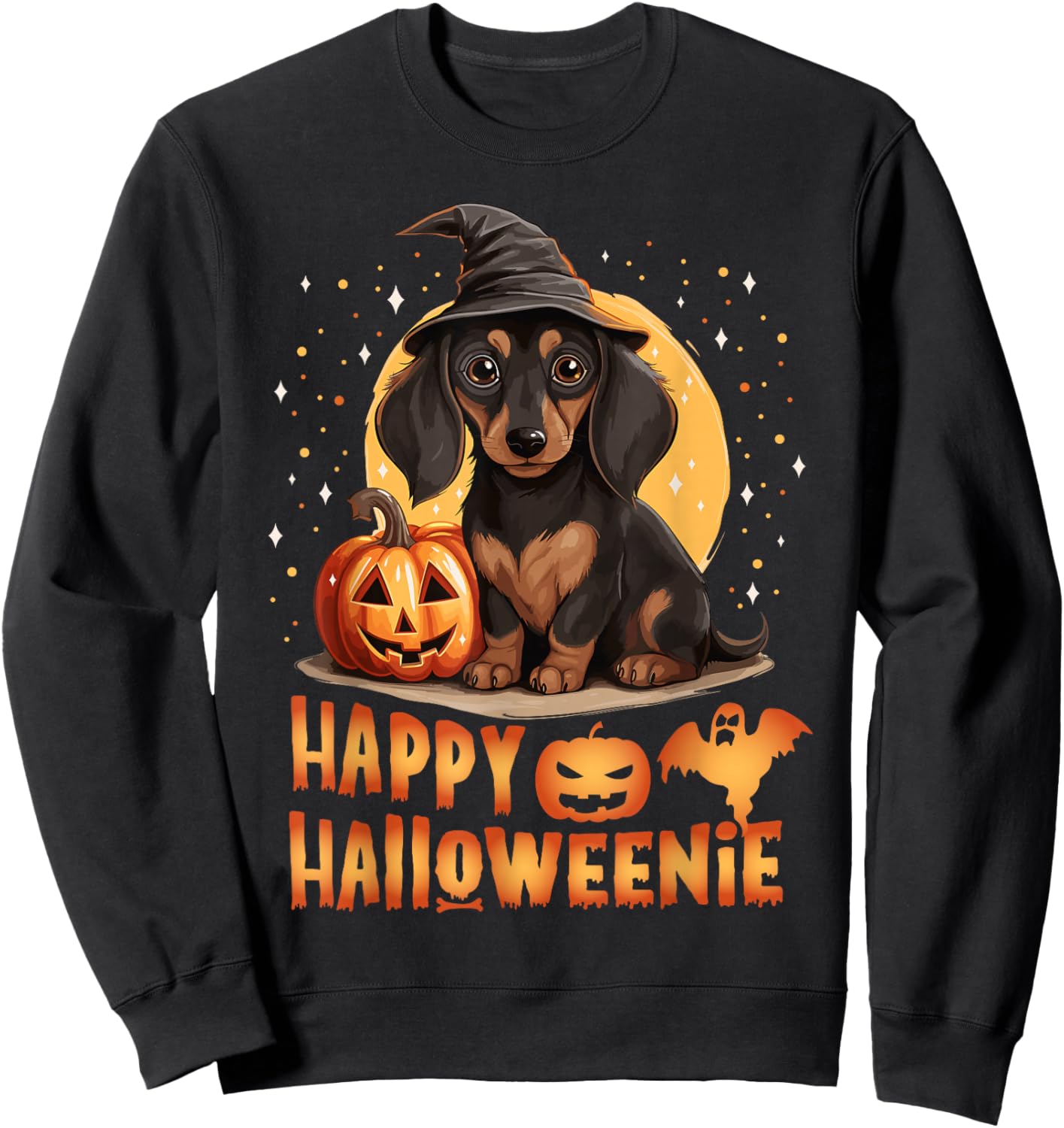 Happy Halloweenie Funny Dachshund Halloween 2024 Wiener Dog Sweatshirt - Sweatshirt | Black