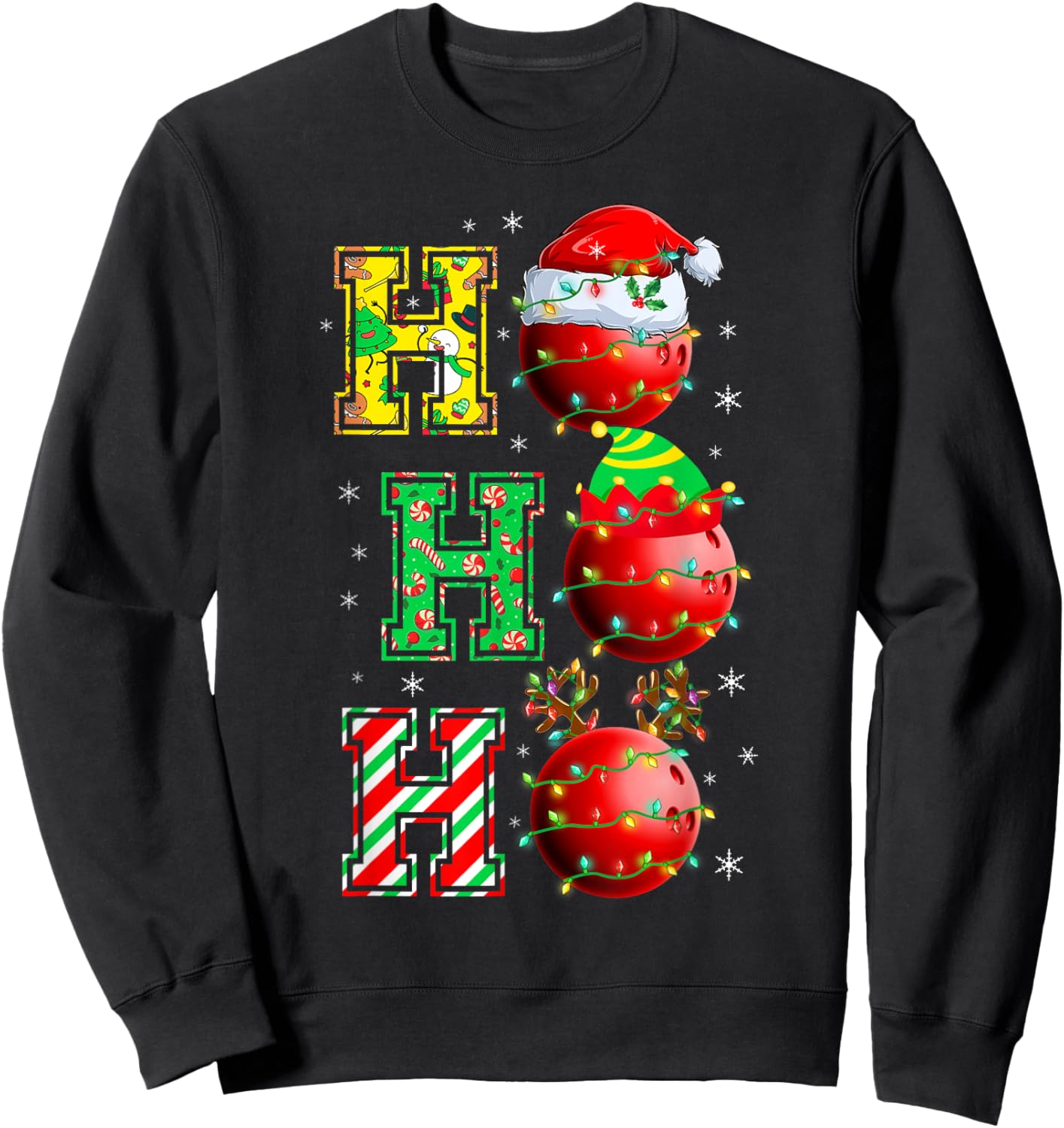 HOHOHO Santa Elf Reindeer Bowling Balls & Christmas Lights Sweatshirt - Sweatshirt | Black