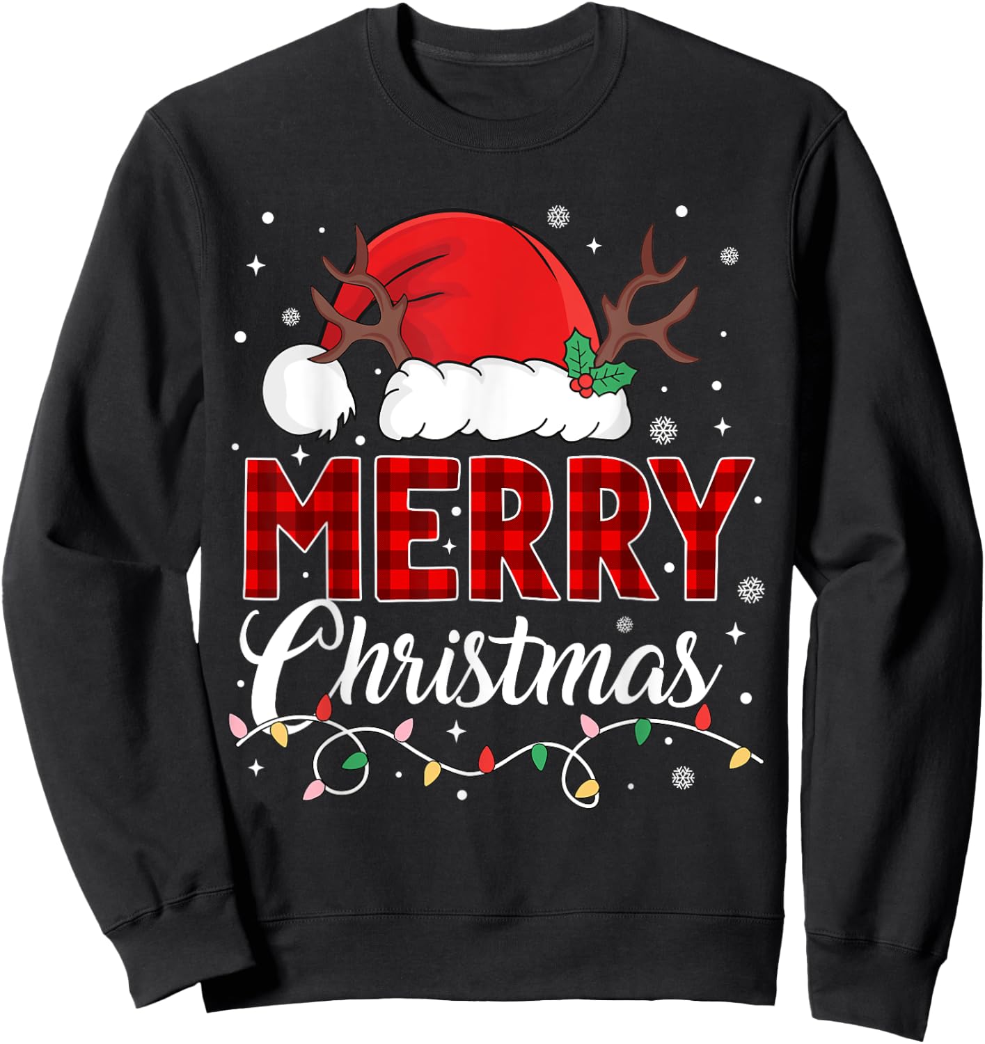 Merry Christmas Lights Red Santa Hat Xmas Family Men Women Sweatshirt - Sweatshirt | Black