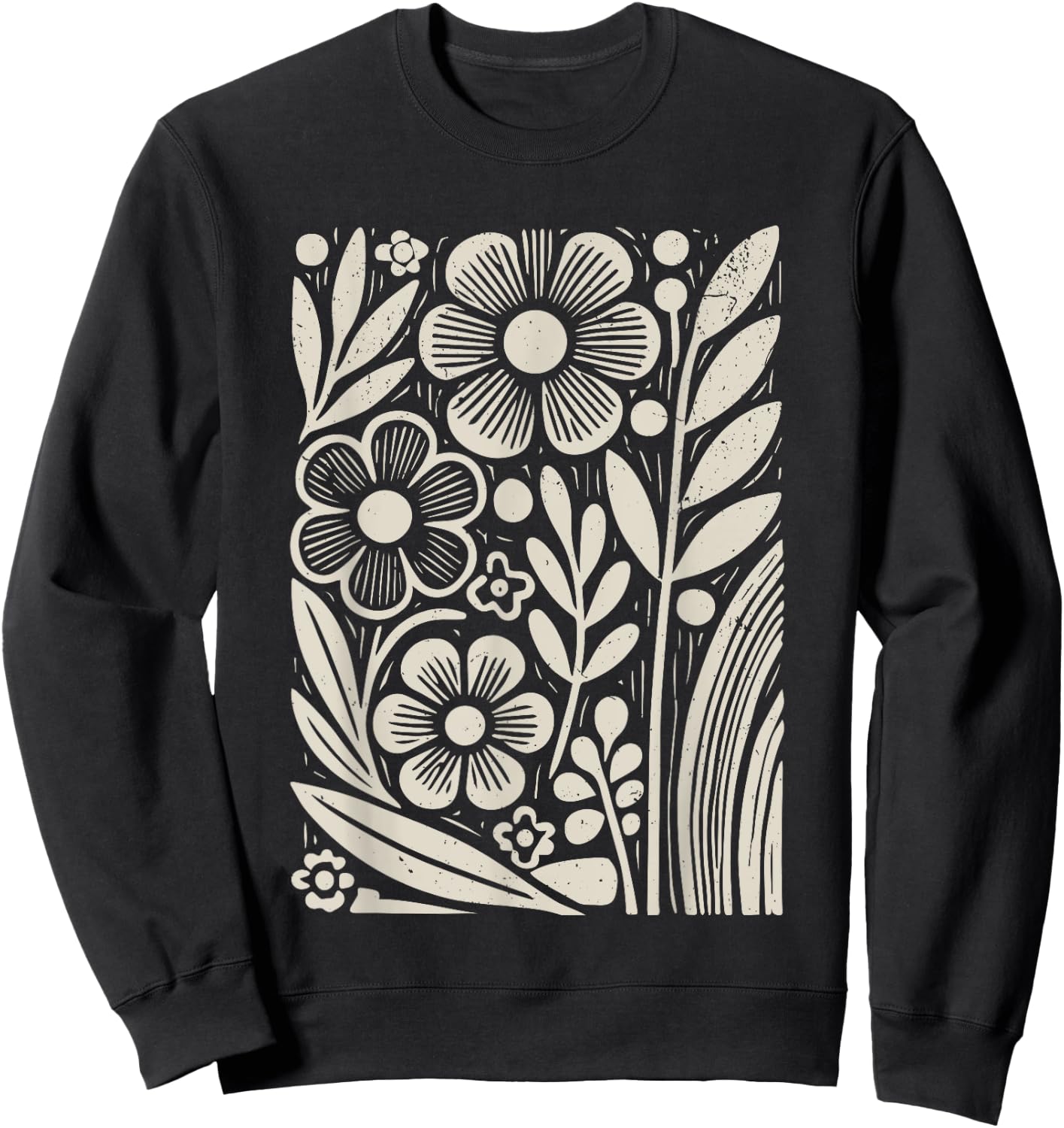 Botanical Floral Line Art Minimalist Nature Linocut Print Sweatshirt - Sweatshirt | Black