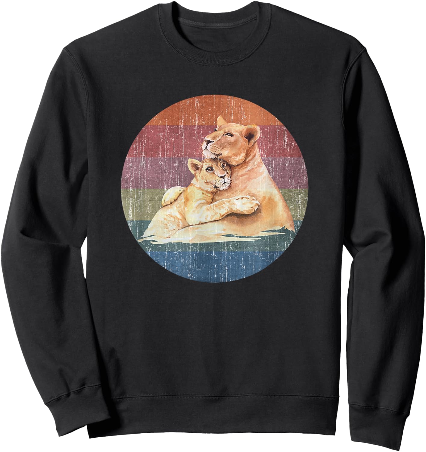 Lioness Lion Mom Baby Cub Watercolor On Distressed Sunset Sweatshirt - Sweatshirt | Black