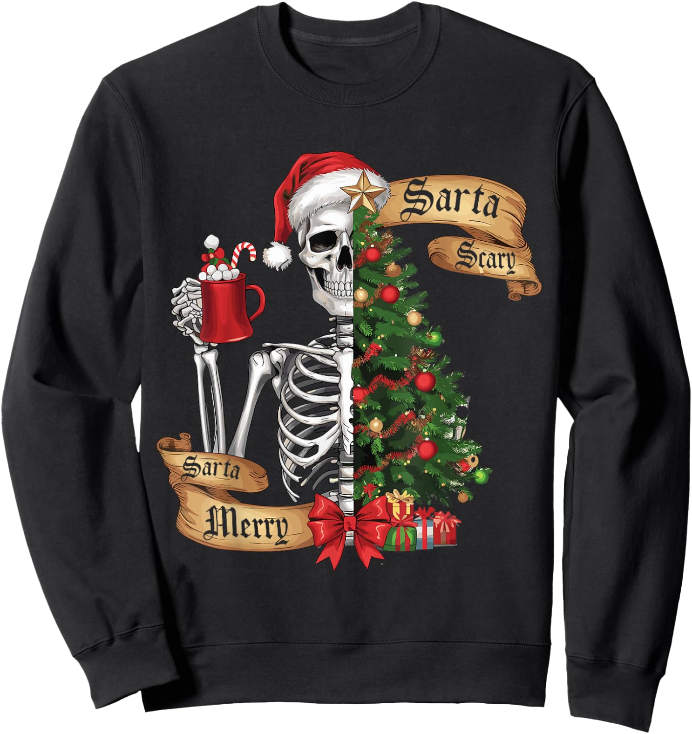 Sorta Merry Sorta Scary Funny Christmas Skeleton Tree Xmas Sweatshirt - Sweatshirt | Black