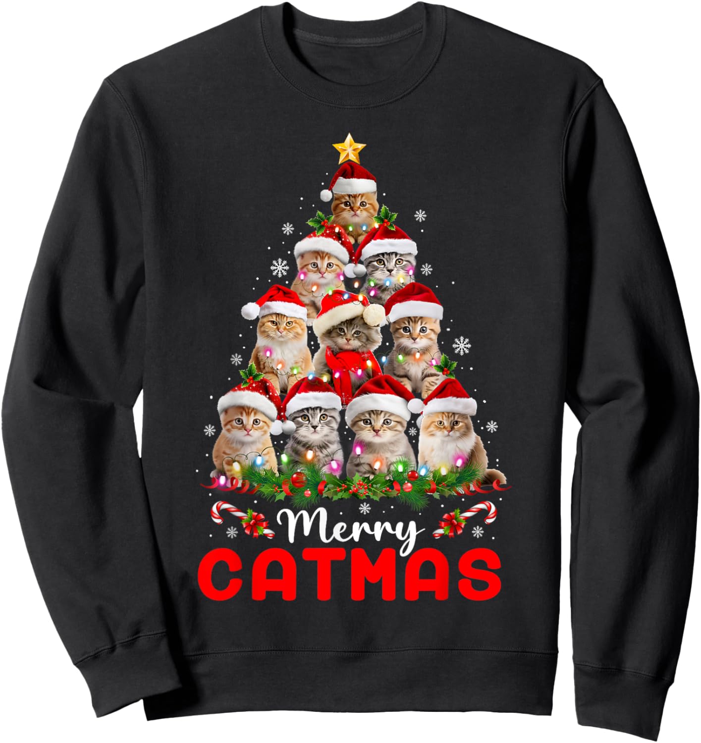 Meowy Catmas Cat Christmas Tree Lights Funny Xmas Pajamas Sweatshirt - Sweatshirt | Black