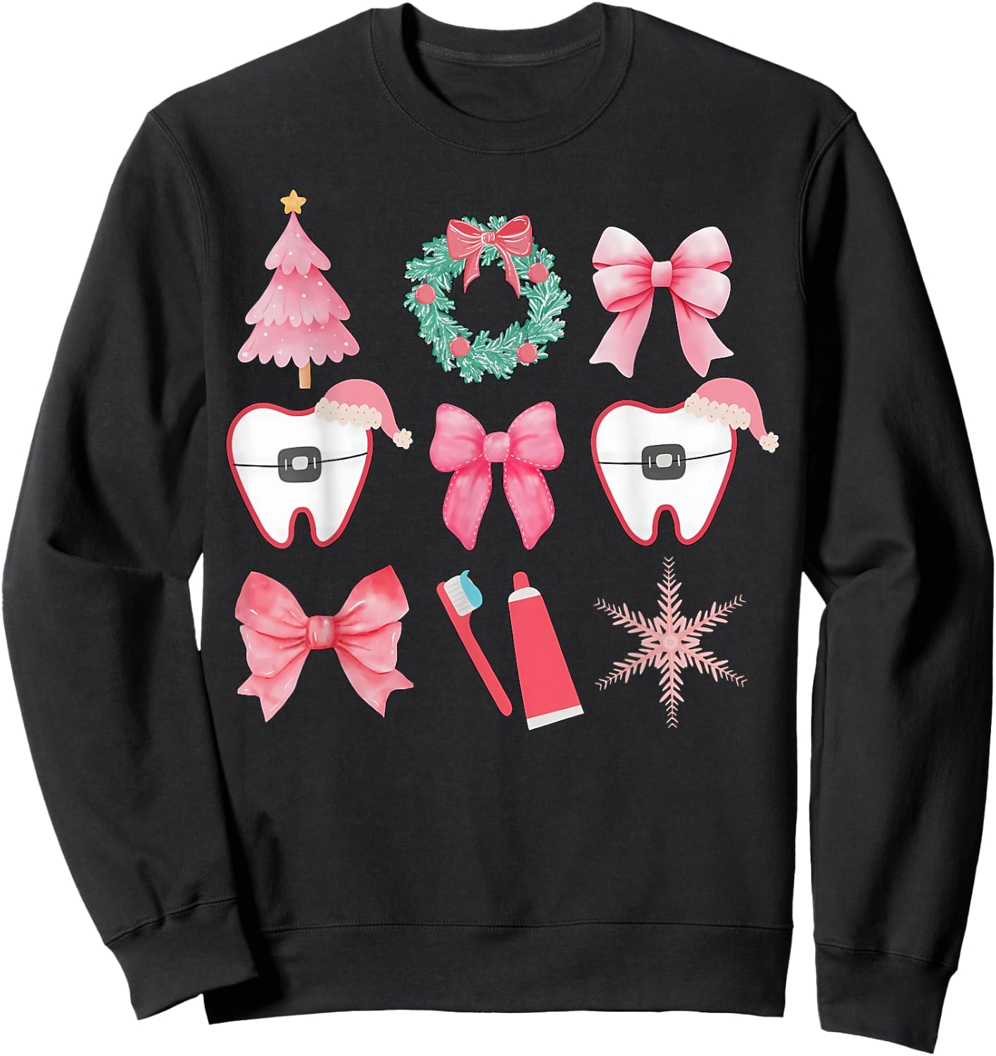 Christmas Coquette Bow Orthodontic Dental Dental Crew Sweatshirt - Sweatshirt | Black