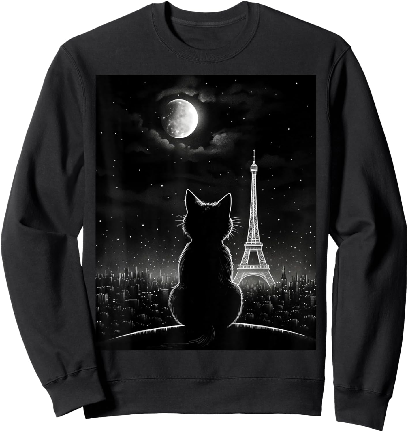 Aesthetic Black Cat Star Night Eiffel Tower In Paris Sweatshirt - Sweatshirt | Black