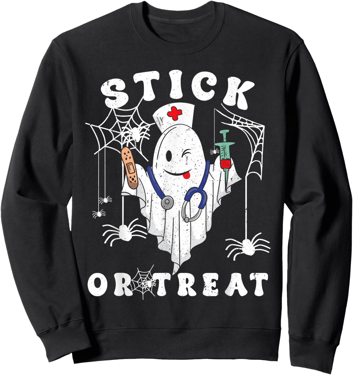 Stick or Treat Nurse Spooky Nurse Costume Funny Halloween Sweatshirt - Sweatshirt | Black