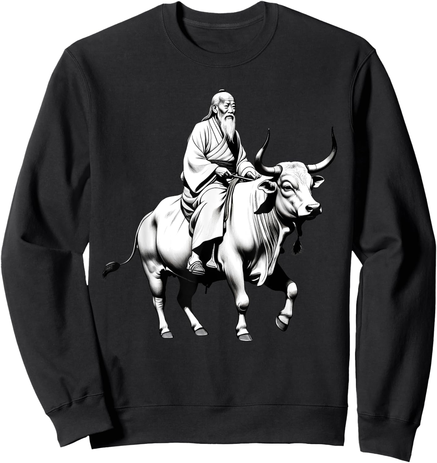 Vintage Spiritual Design Lao Tzu Riding An Ox, Tao Te Ching -Adults, -Kids Grey Short Sleeve Classic Fit Polyester Sweatshirt - Sweatshirt | Black
