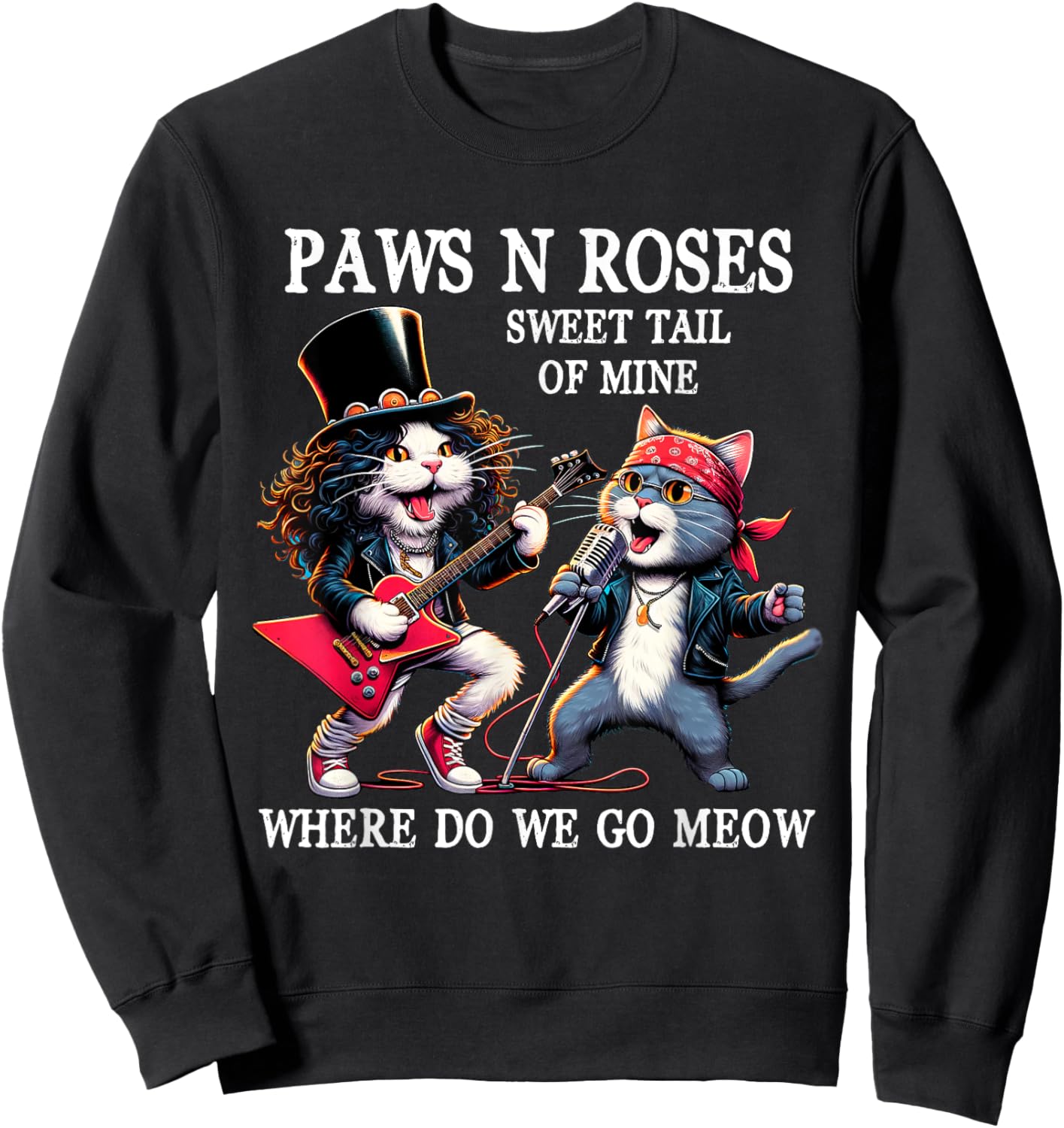 Graphic Funny Cat Animal Vintage Rock Cat Play Guitar Music Sweatshirt - Sweatshirt | Black