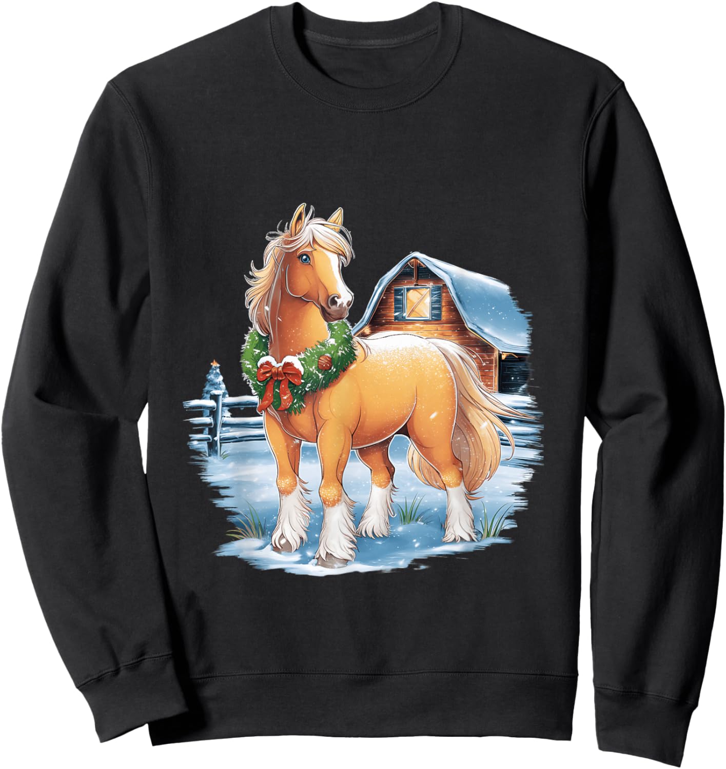 Festive Horse with Wreath in Snowy Barnyard Scene Sweatshirt - Sweatshirt | Black