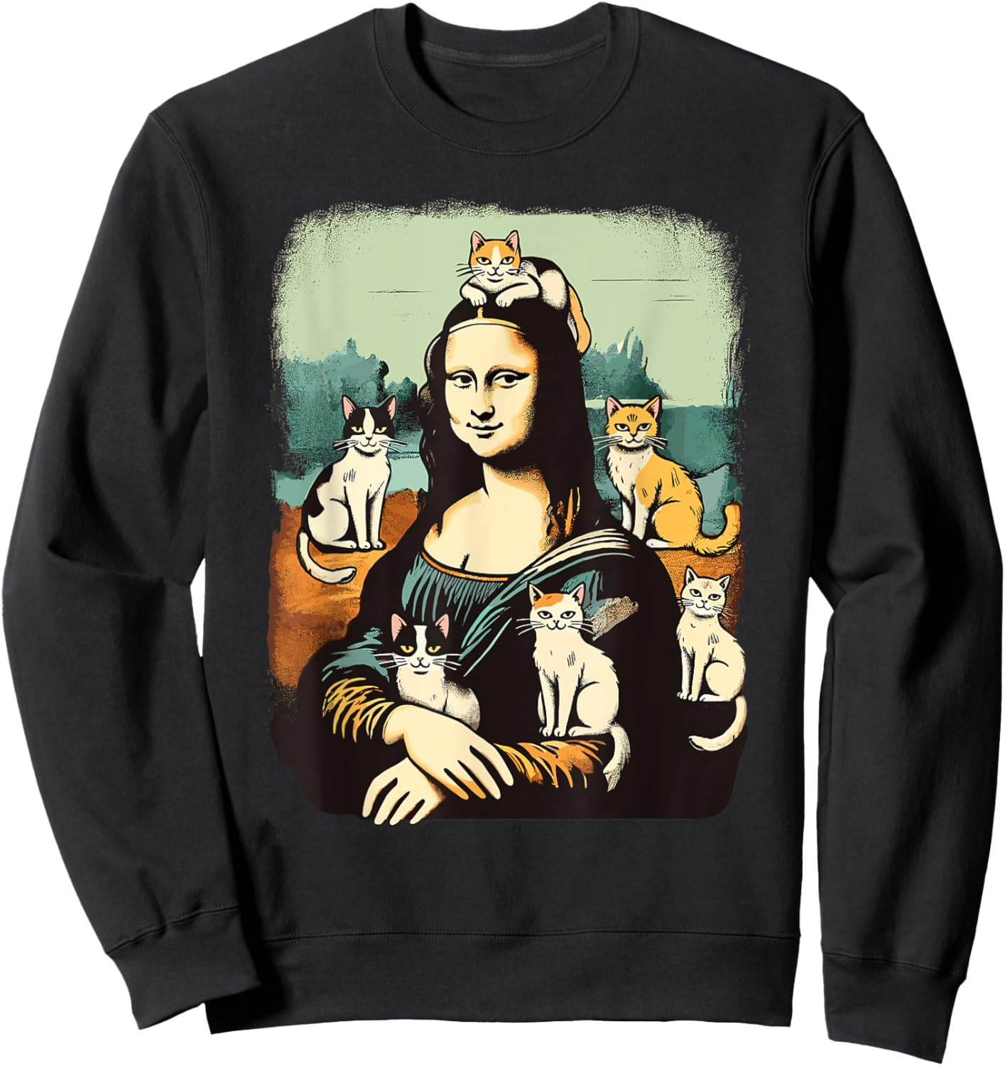 Retro Mona Lisa with Cats Novelty Men Women Kids Funny Cat Sweatshirt - Sweatshirt | Black