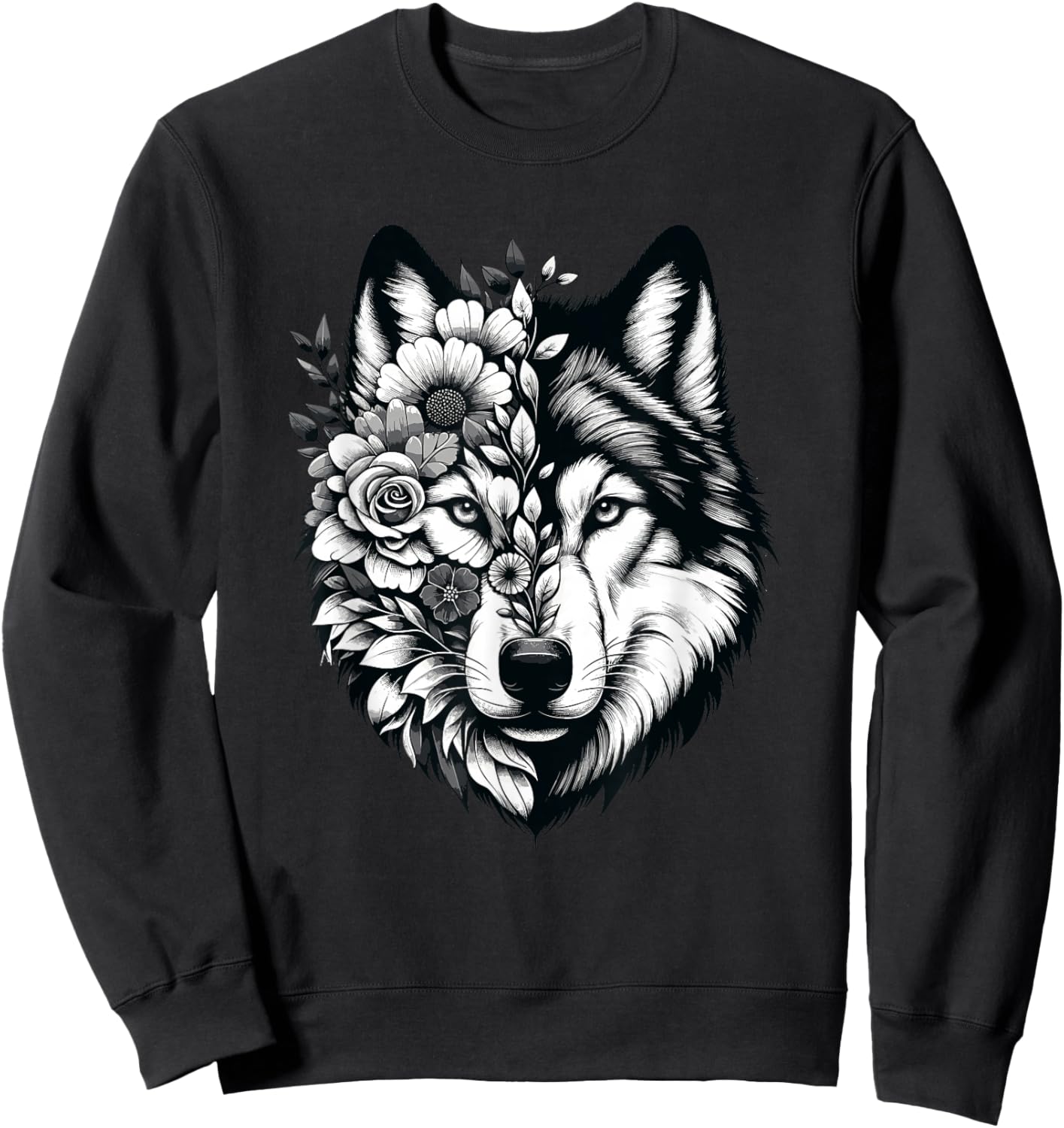 Wolf & Flowers, Wolf Graphic & Floral Wolf Face Sweatshirt - Sweatshirt | Black