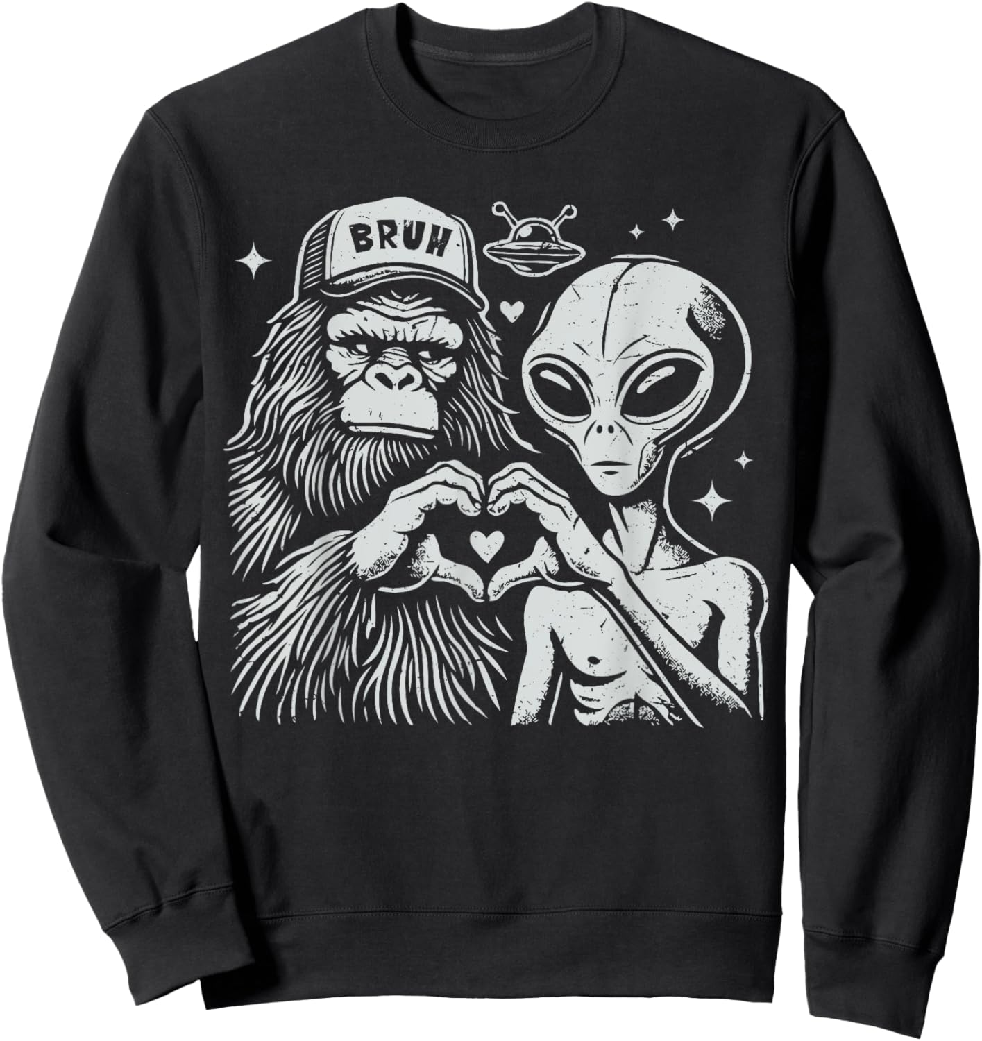 Vintage Funny Bigfoot and Alien Heart Hand Sign Sweatshirt - Sweatshirt | Black