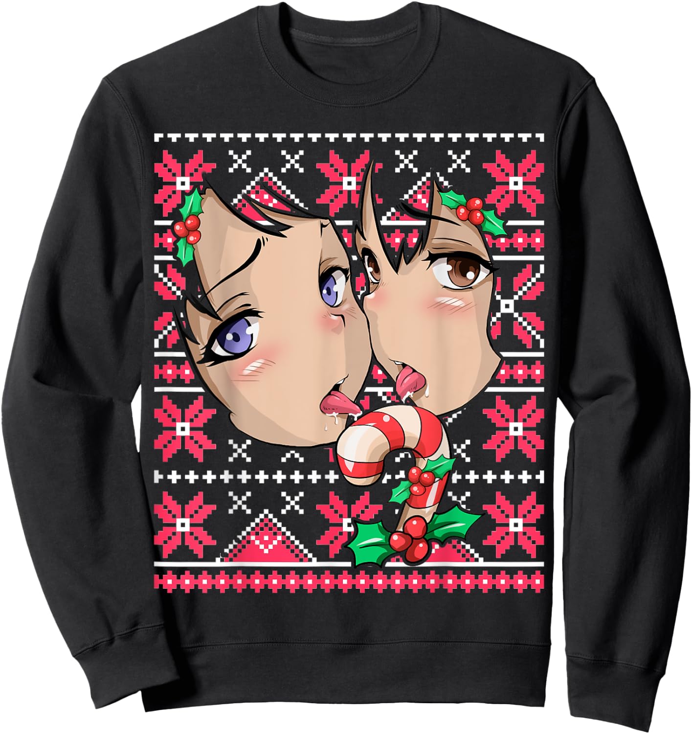 Ugly Christmas Otaku Ahegao Ecchi Etchi Lewd Hentai Kawaii Sweatshirt - Sweatshirt | Black