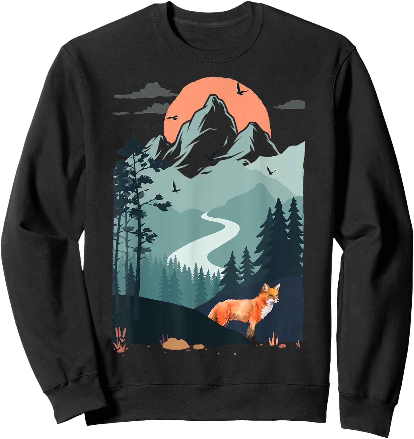 Mountain sunset Pine Tree Bird flying sky Red Standing Fox Sweatshirt - Sweatshirt | Black