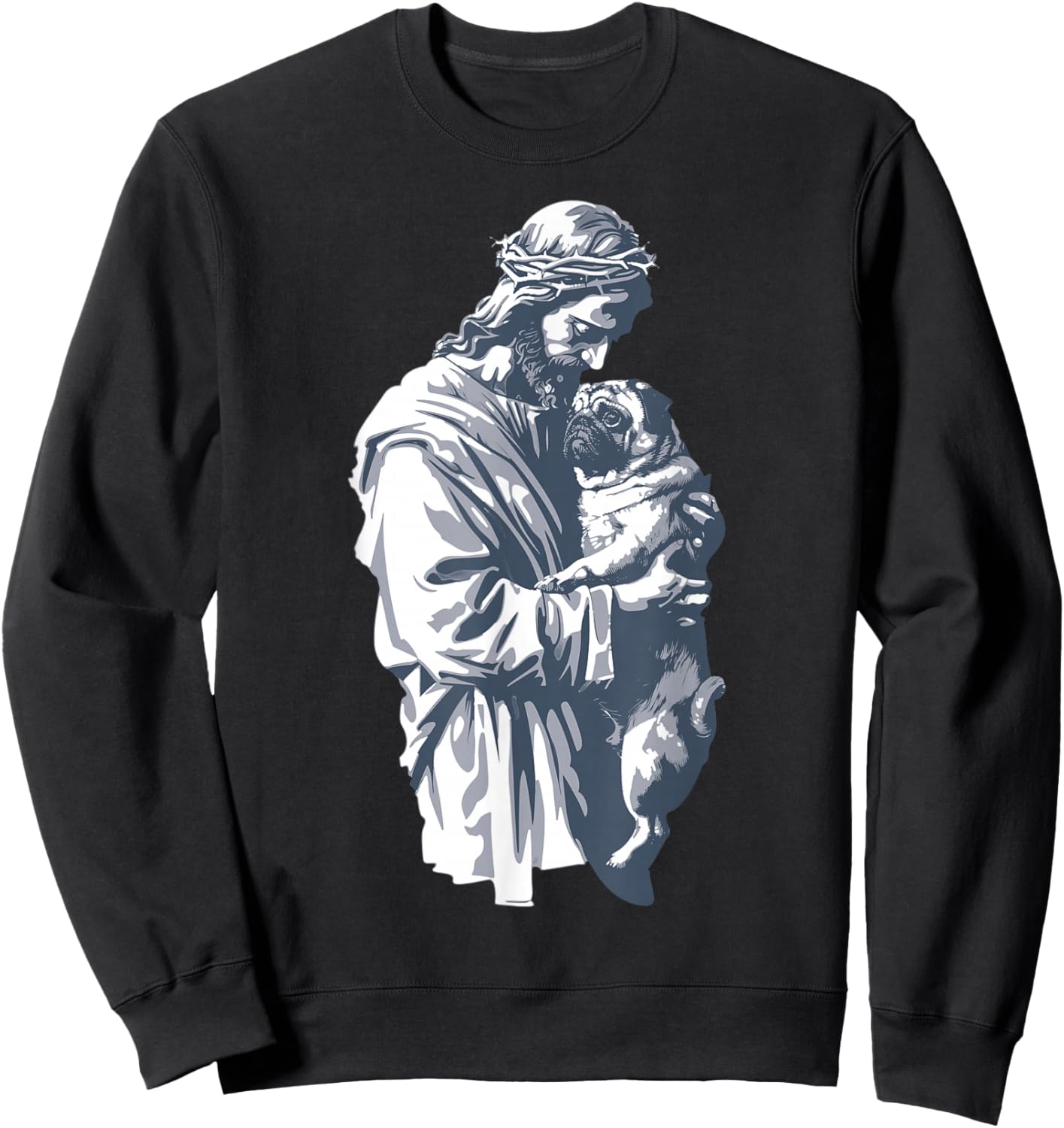 Funny Vintage Jesus Holding Cute Pug Retro 90s Christian Sweatshirt - Sweatshirt | Black