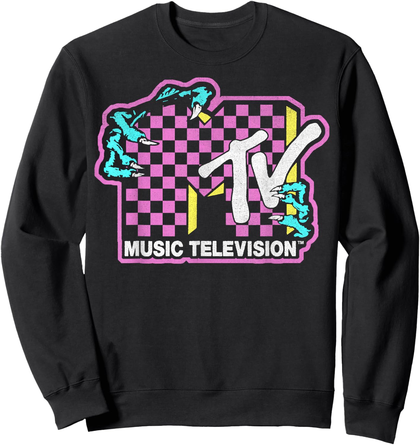MTV Checkered Monster Hand Logo Graphic Sweatshirt - Sweatshirt | Black
