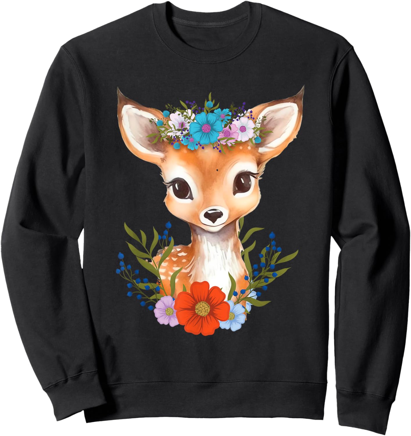 Floral Crown Baby Deer - Hunting Wildlife Forest Animal Sweatshirt - Sweatshirt | Black