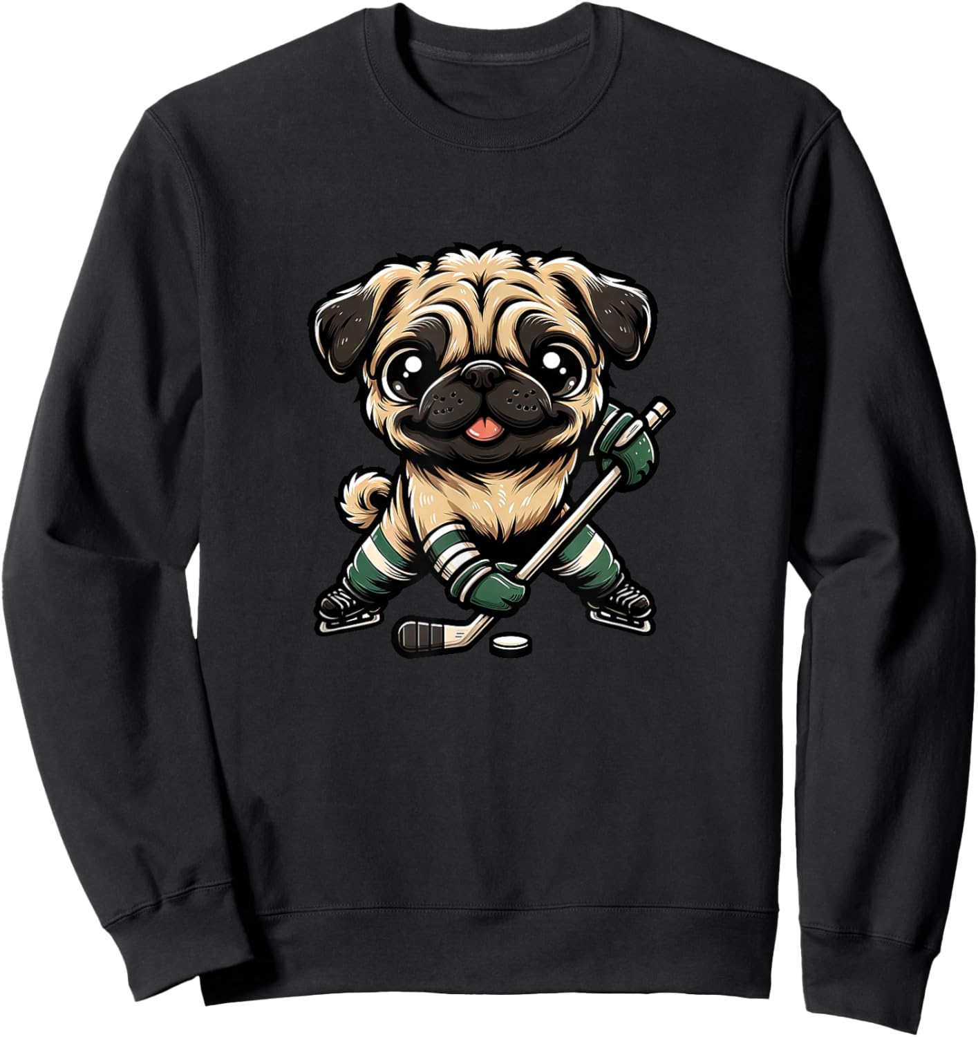 Cute Pug Playing Ice Hockey Dog Design Sweatshirt - Sweatshirt | Black