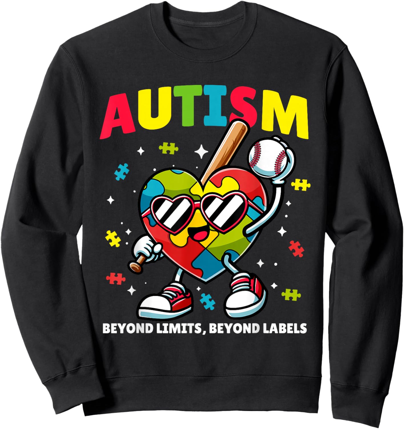 Autism Baseball Heart | Puzzle Awareness Design for Kids Sweatshirt - Sweatshirt | Black