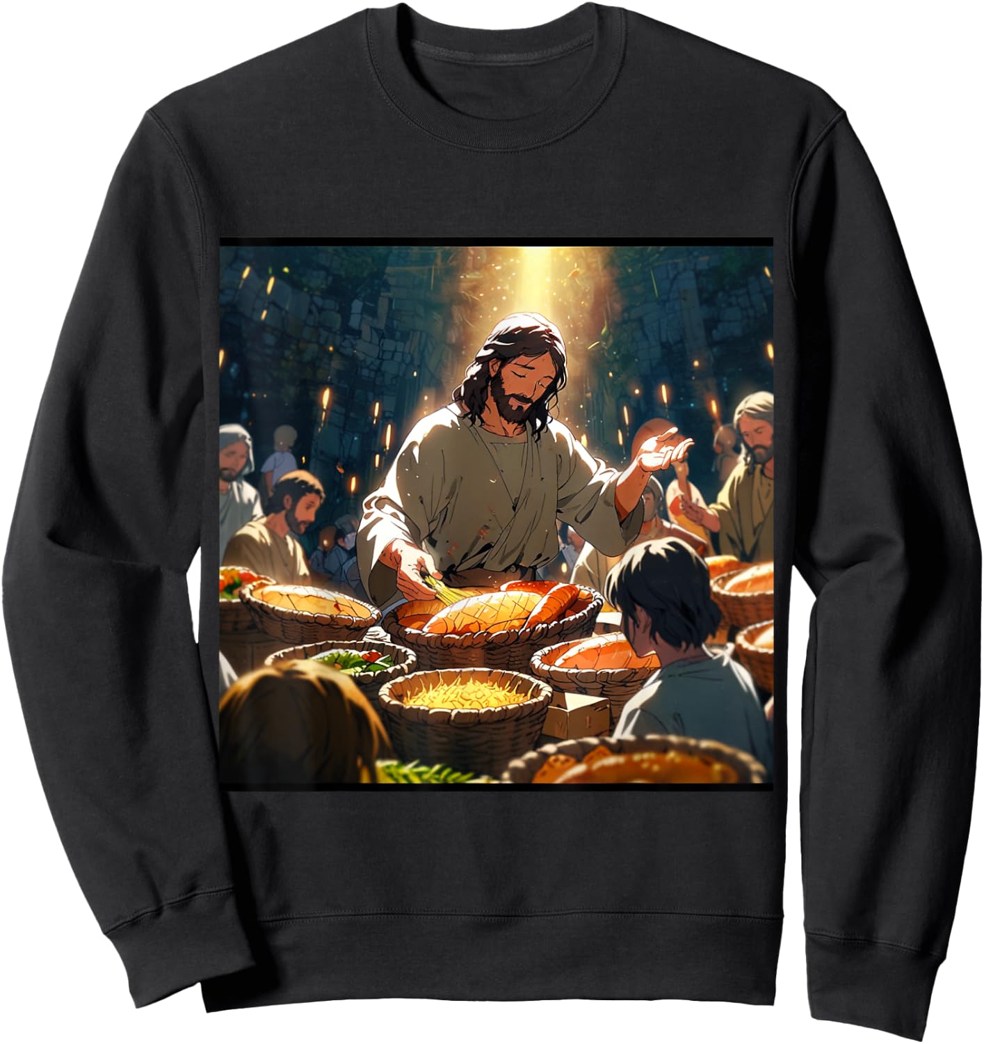 Jesus Anime Miracle Fishes and Loaves Matthew 14 Feed 5000 Sweatshirt - Sweatshirt | Black