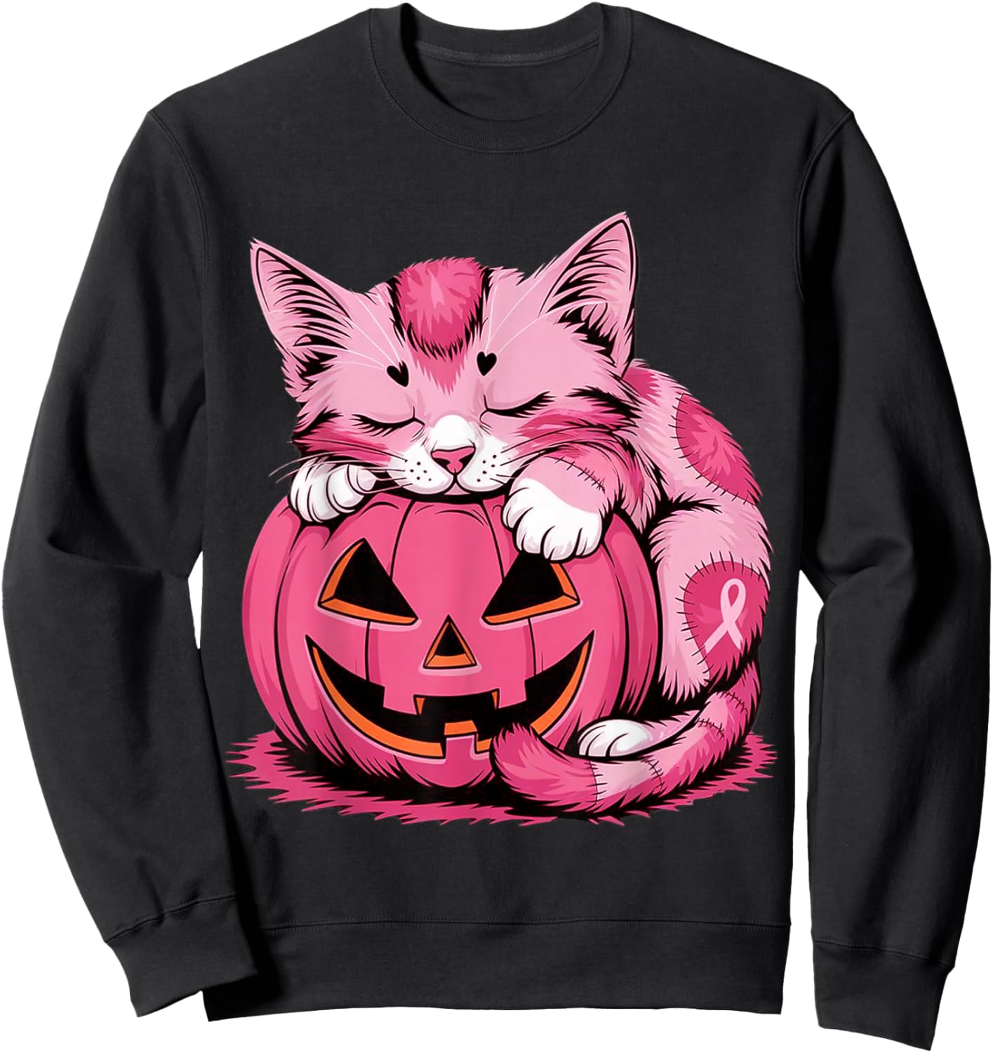 Cute Pink Cat Hugging Pumpkin Breast Cancer Awareness Kitten Sweatshirt - Sweatshirt | Black