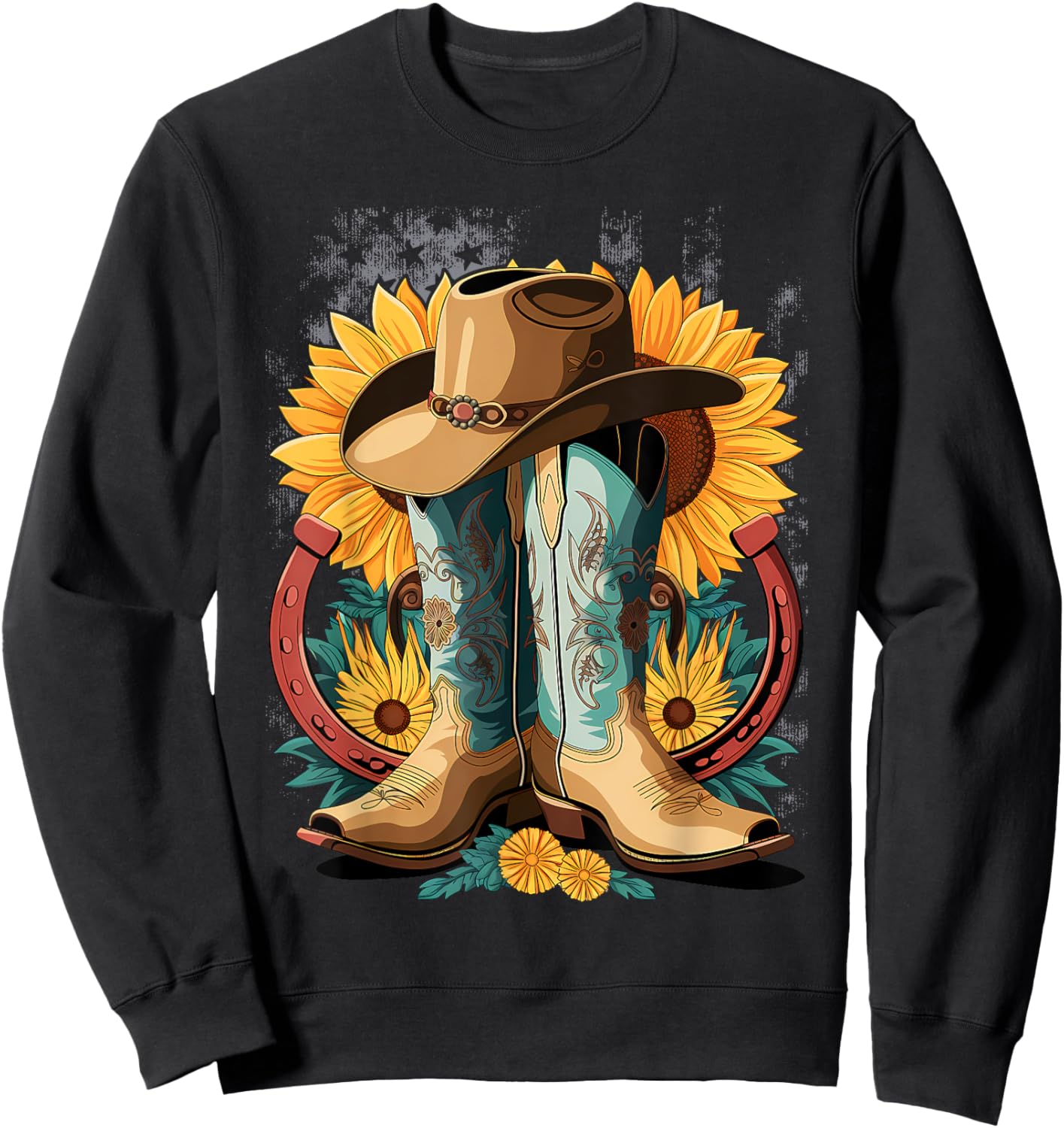 Western Cowboy Boot Horseshoe Sunflower Rope Cowgirl Country Sweatshirt - Sweatshirt | Black