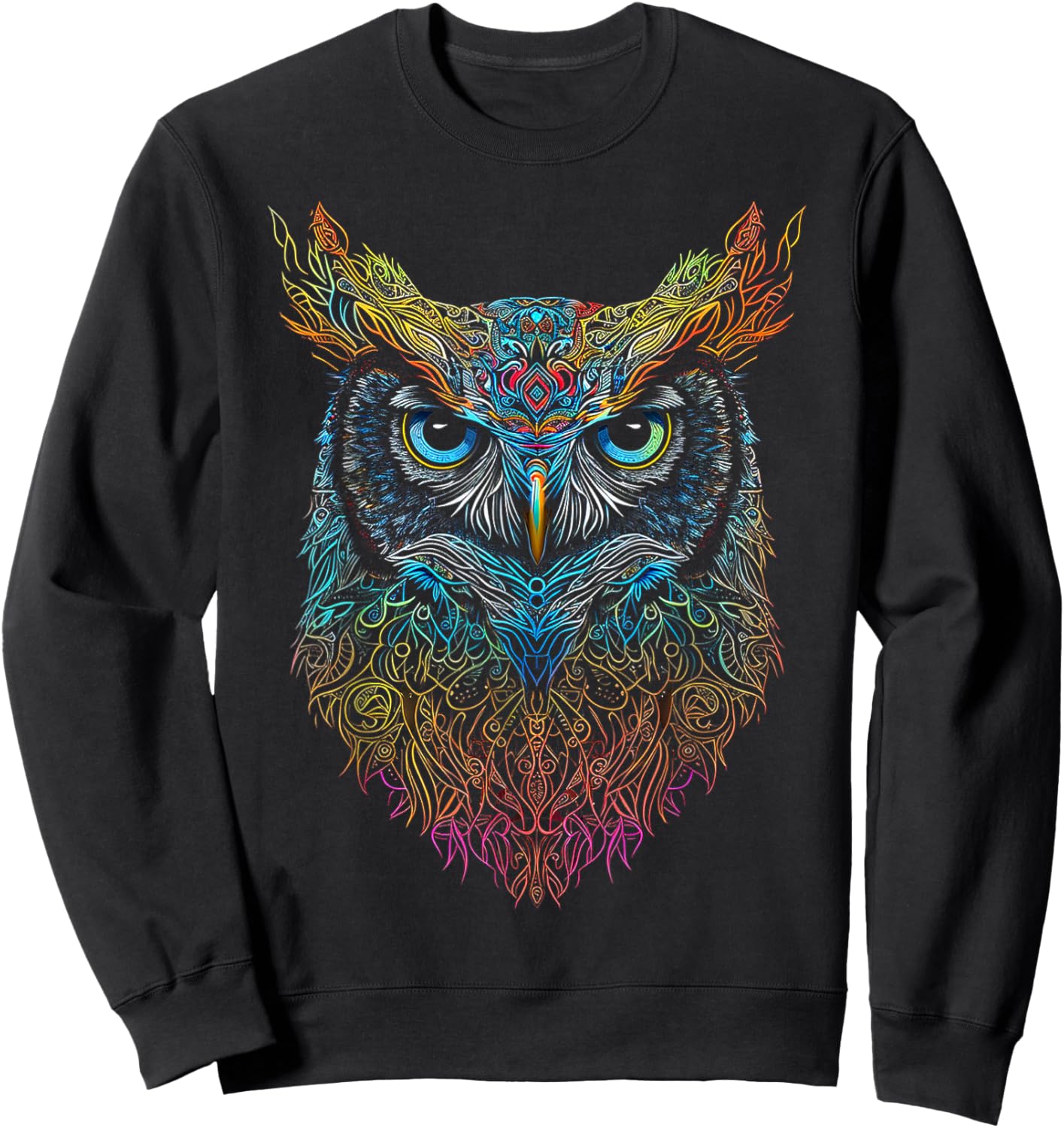 Owl Colorful Mandala Graphic Animal Art Bird Owl Sweatshirt - Sweatshirt | Black